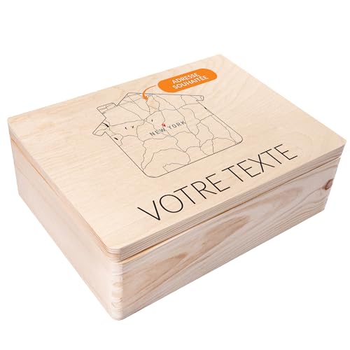 Creative Deco Coffre bois personnalisé Maison 40x30 cm carte coordonnées