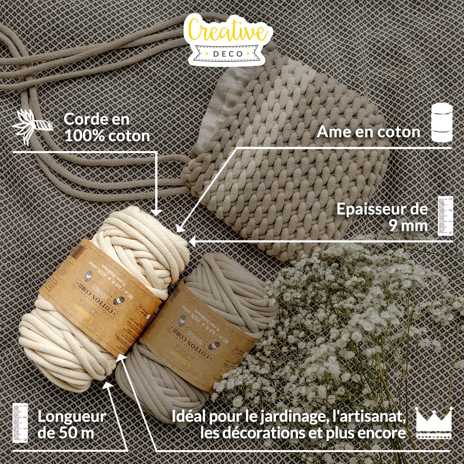 Creative Deco Corde Macramé Coton Ivoire 9mm 50m