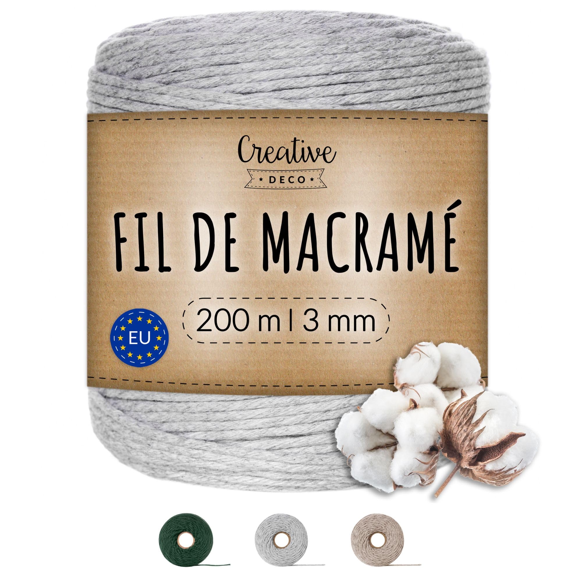 Creative Deco Strings corde macramé 3mm x 200m gris clair coton