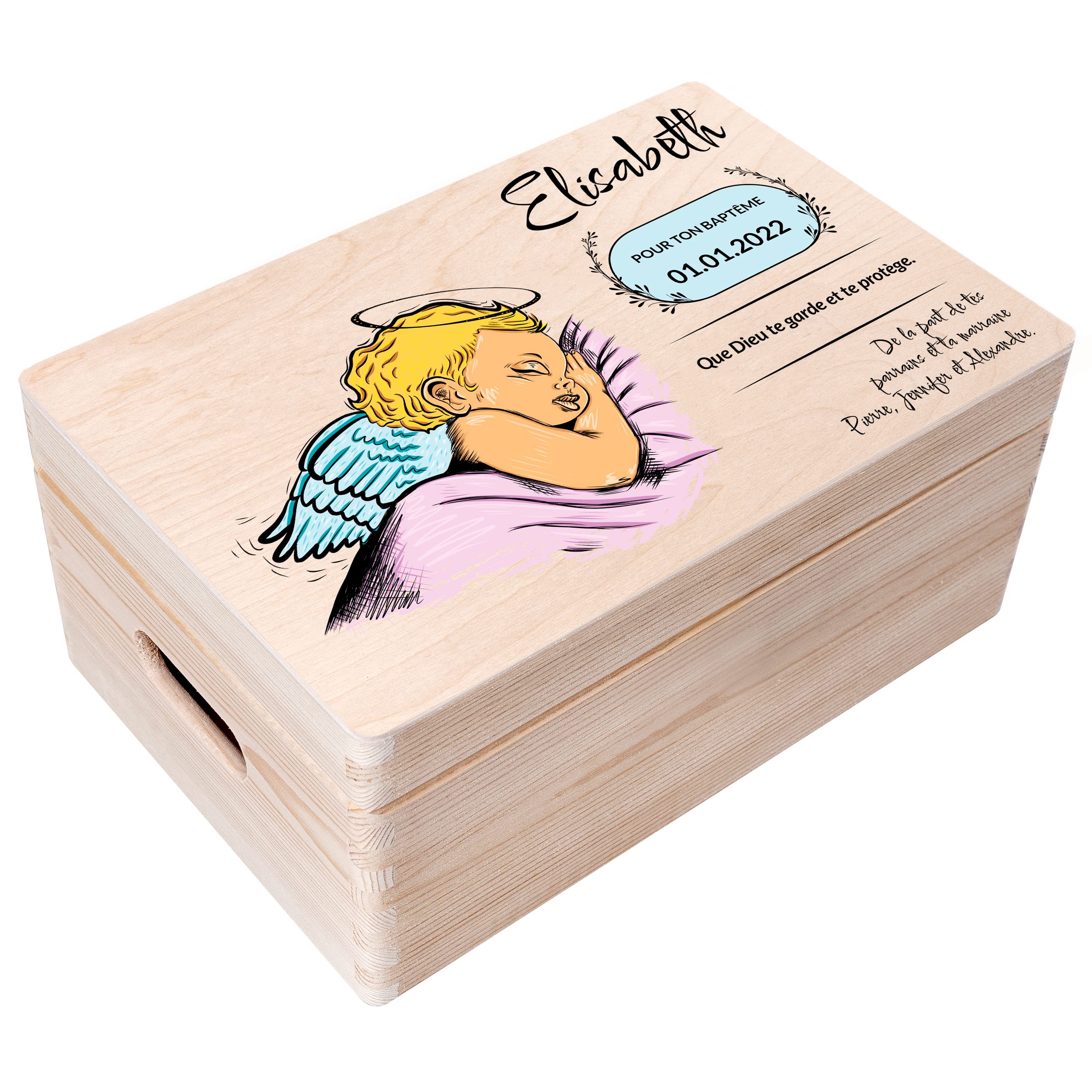Creative Deco Boîte Bois Baptême Ange Personnalisée 30x20 cm