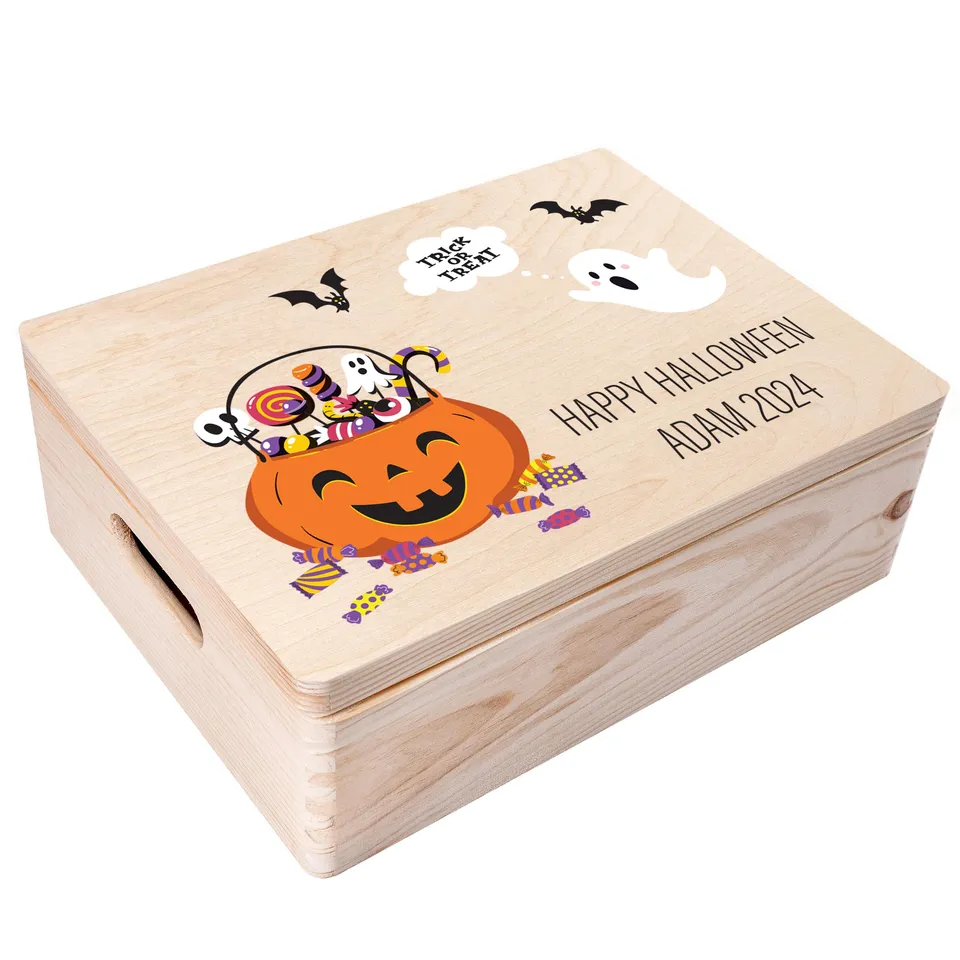 Creative Deco Boîte en bois citrouille 40x30x14 Halloween