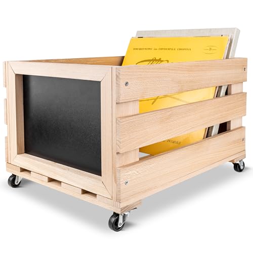 Creative Deco Caisse Bois Vinyles 46x36x29 cm hêtre roulettes