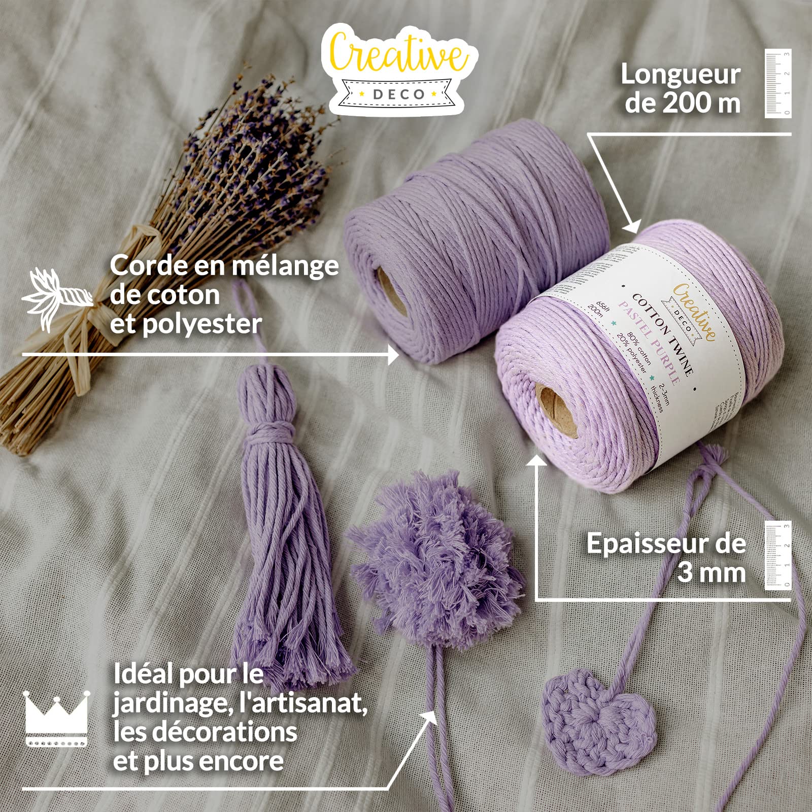 Creative Deco Strings corde macramé 3mm x 200m violet pastel