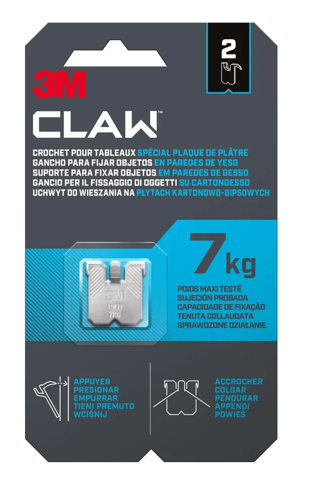 Command Crochet tableau placo 3M CLAW 7 kg lot 2 sans perçage