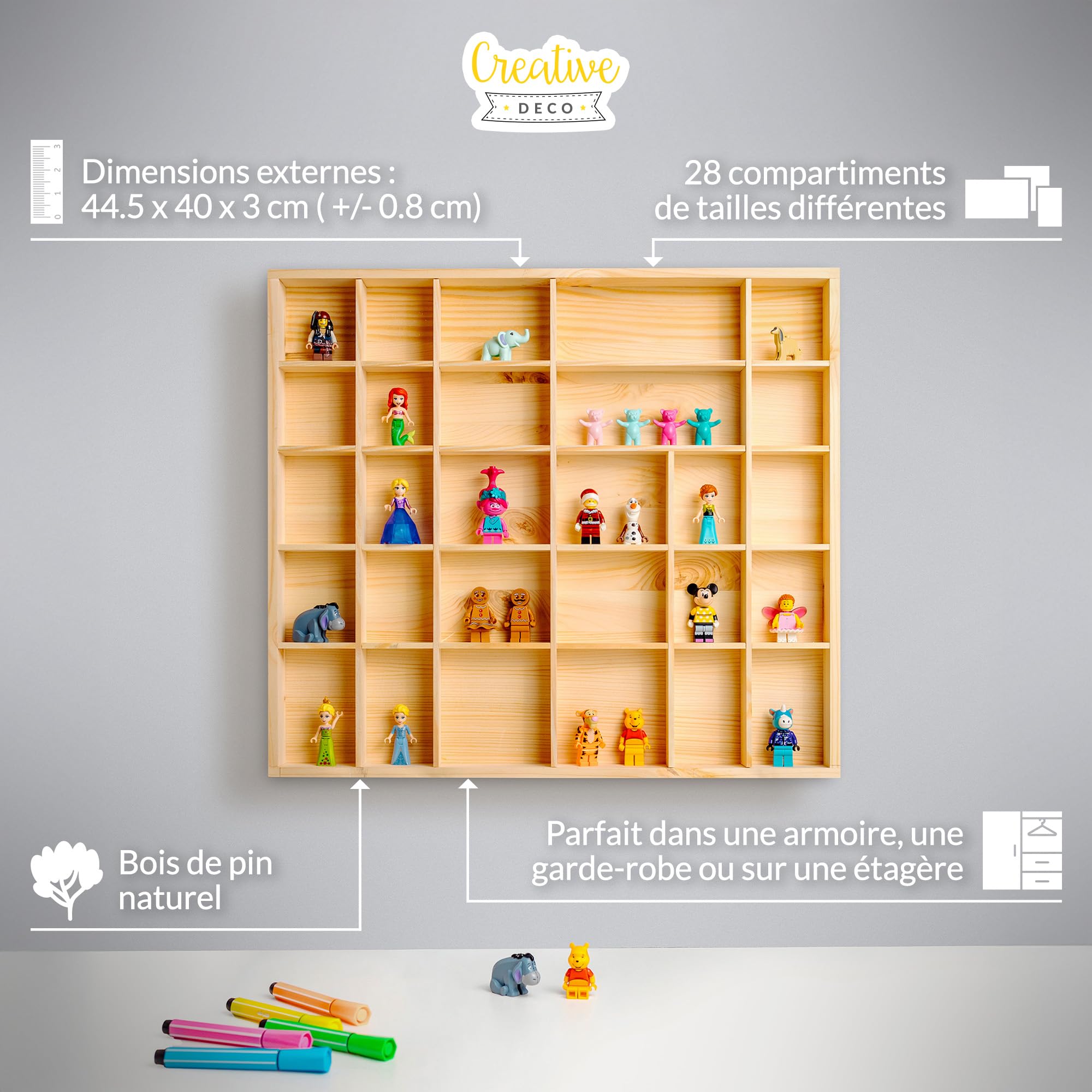 Creative Deco Vitrine Murale Bois Beige 28 Cases 44,5x40 cm