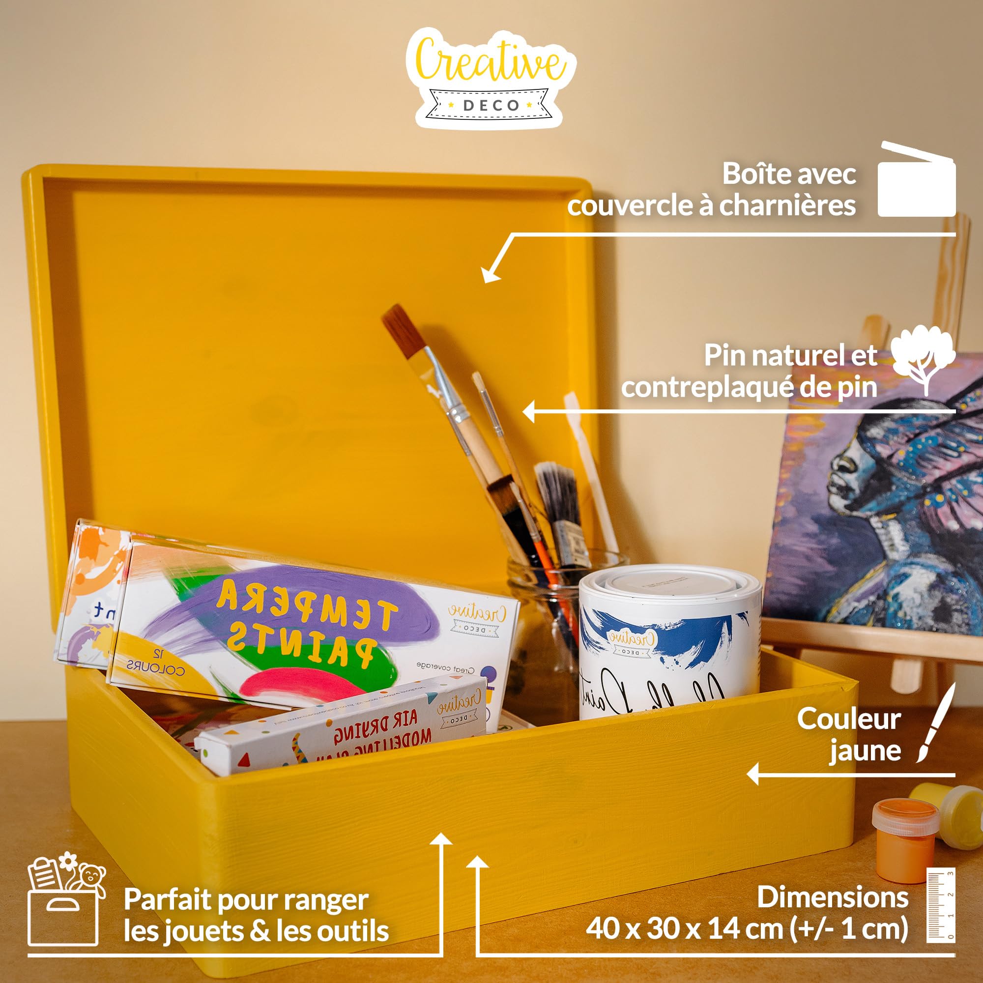 Creative Deco boîte bois brut 40x30x14 cm avec couvercle