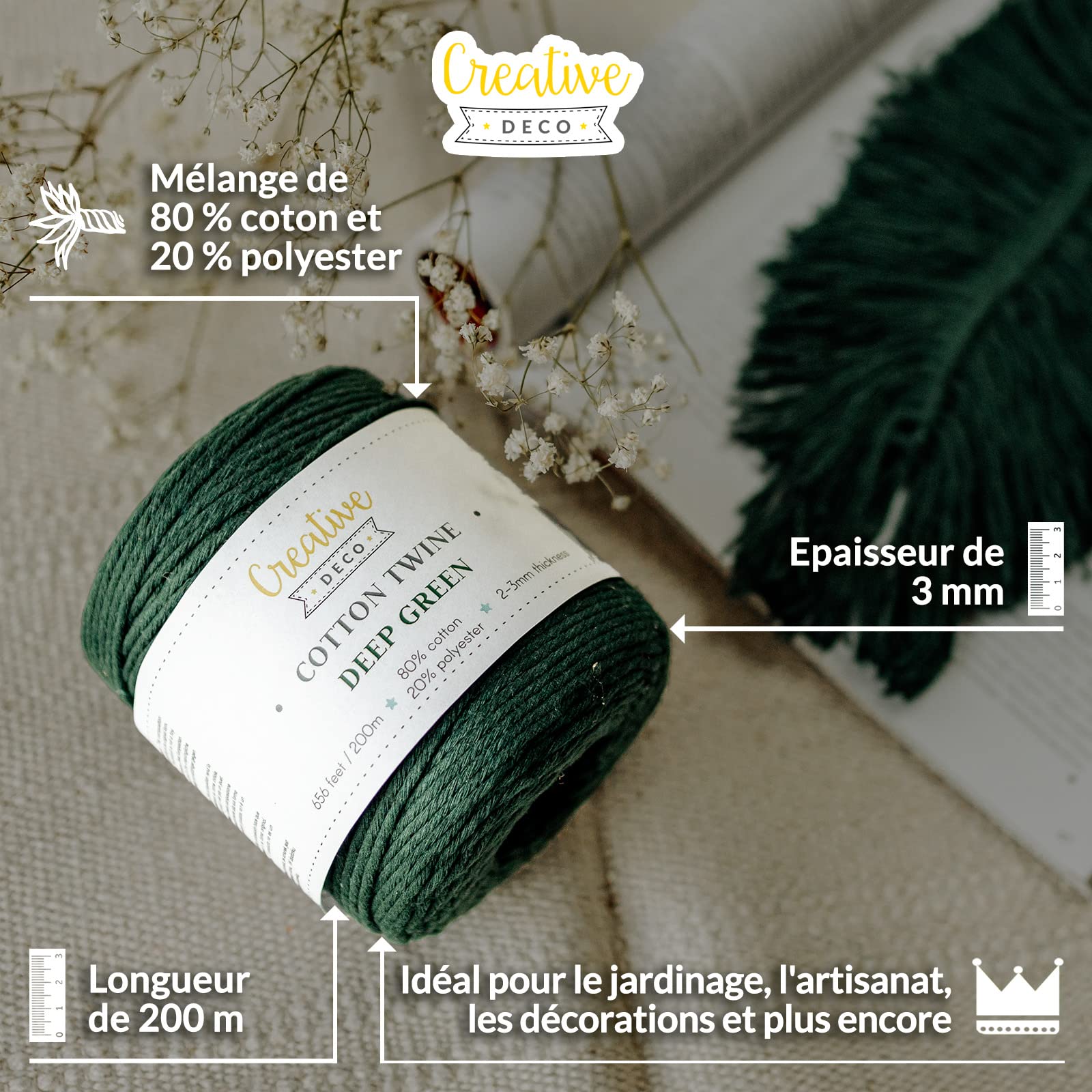 Creative Deco Strings corde macramé 3mm x 200m vert foncé coton