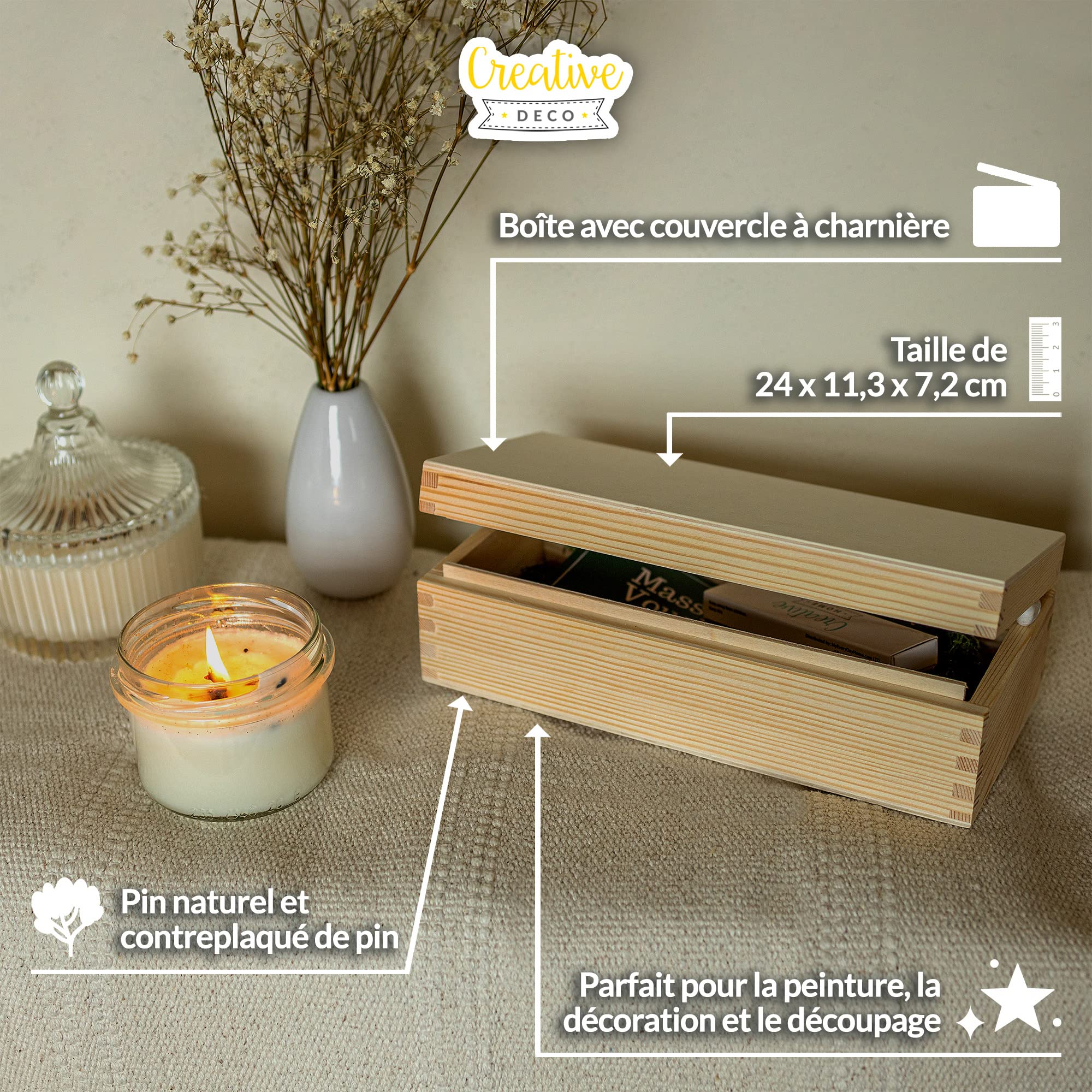Creative Deco Boîte Bois Brut à Peindre 24 cm avec Couvercle