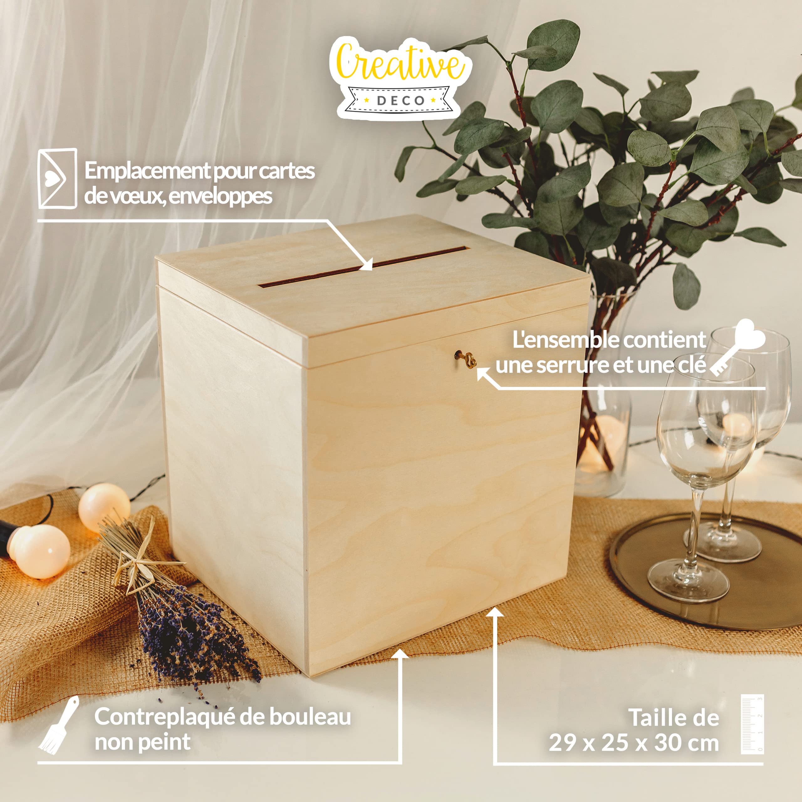 Creative Deco boîte en bois enveloppes 29x25x30cm brut à clé