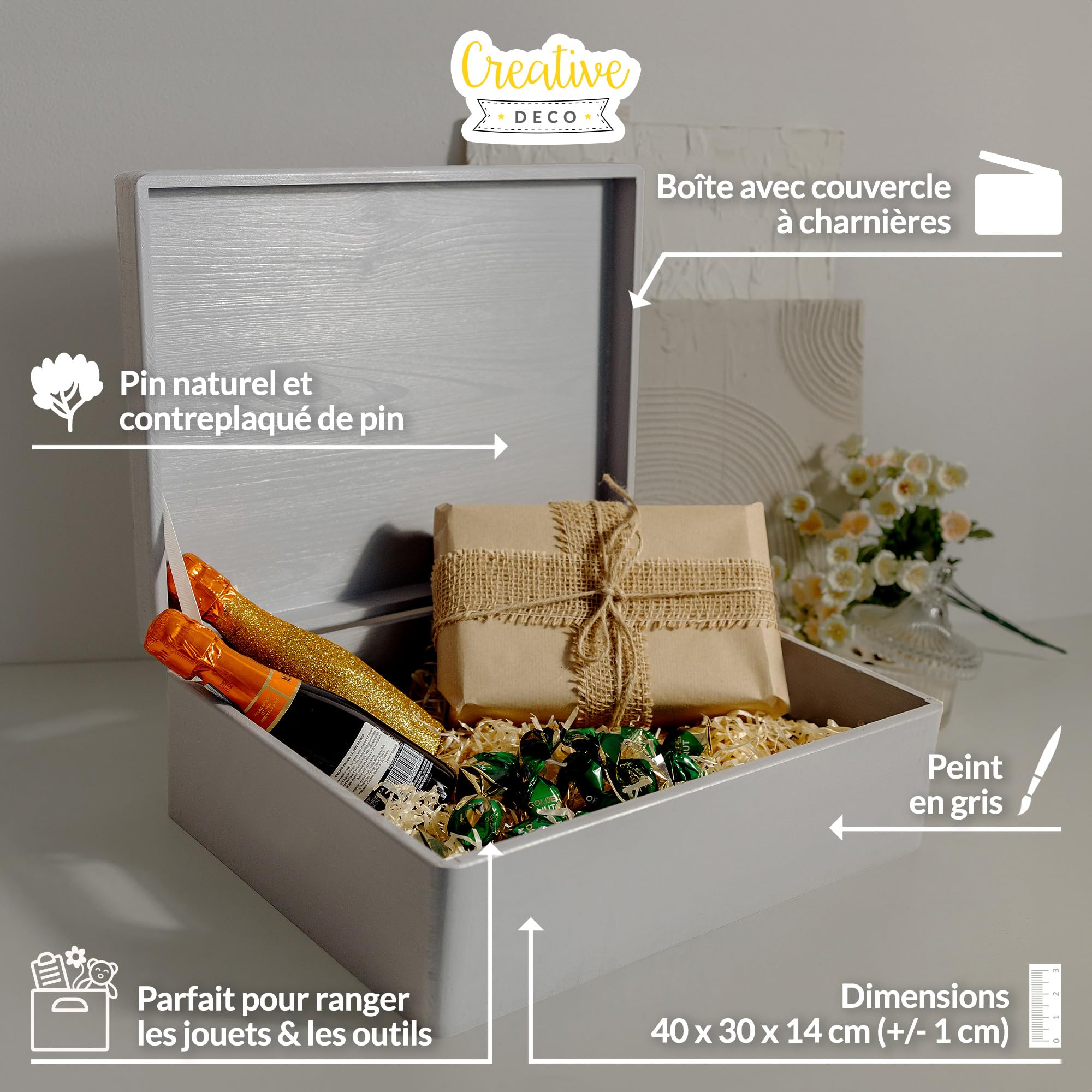 Creative Deco Boîte rangement bois gris 40x30x14 cm