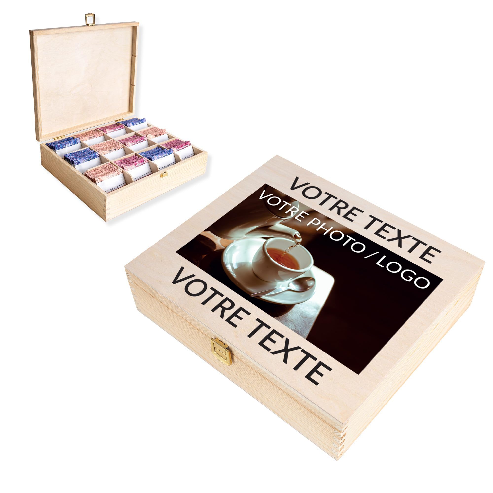 Creative Deco Boîte à Thé Bois 12 Compartiments Texte Souhaité