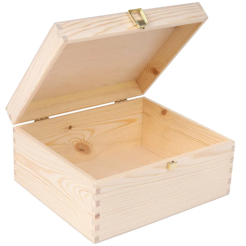 Creative Deco Boîte Bois Brut Couvercle Serrure 29x25x14 cm
