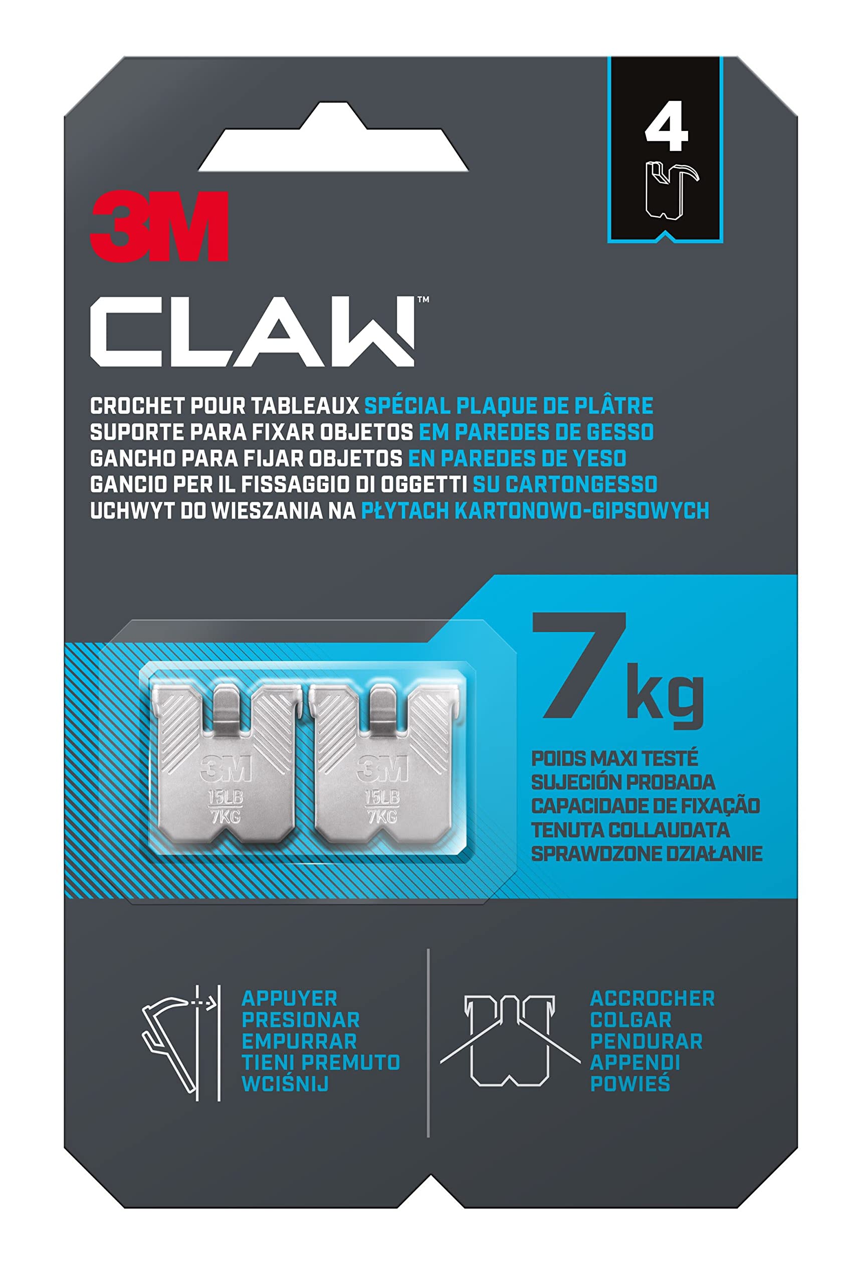 Command Crochets plaque plâtre 3M CLAW 4 crochets 7 kg