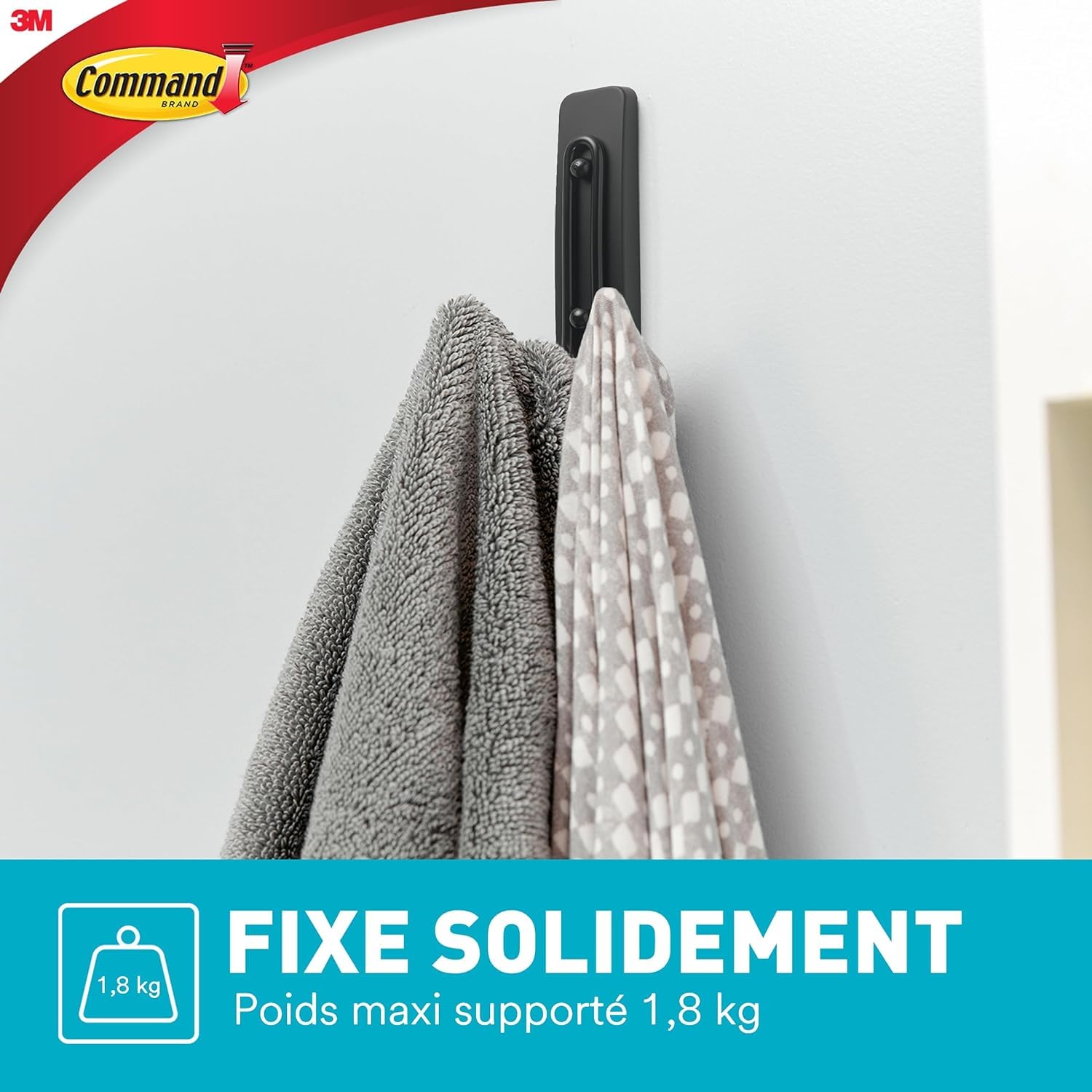 Command Salle de Bain Crochet Adhésif Noir Mat Large 1,8 kg