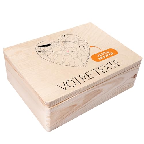 Creative Deco Coffre bois personnalisé Cœur 40x30 cm carte coordonnées