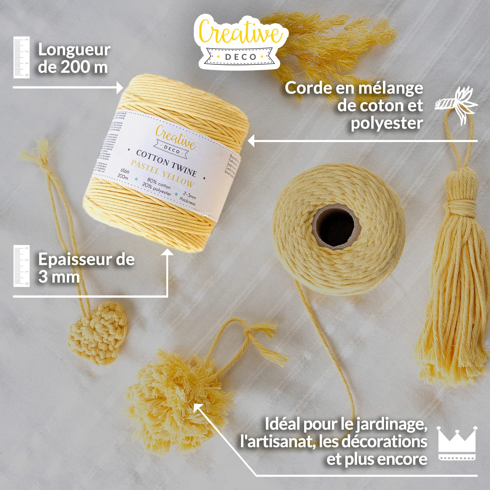 Creative Deco Strings corde macramé 3mm x 200m jaune pastel