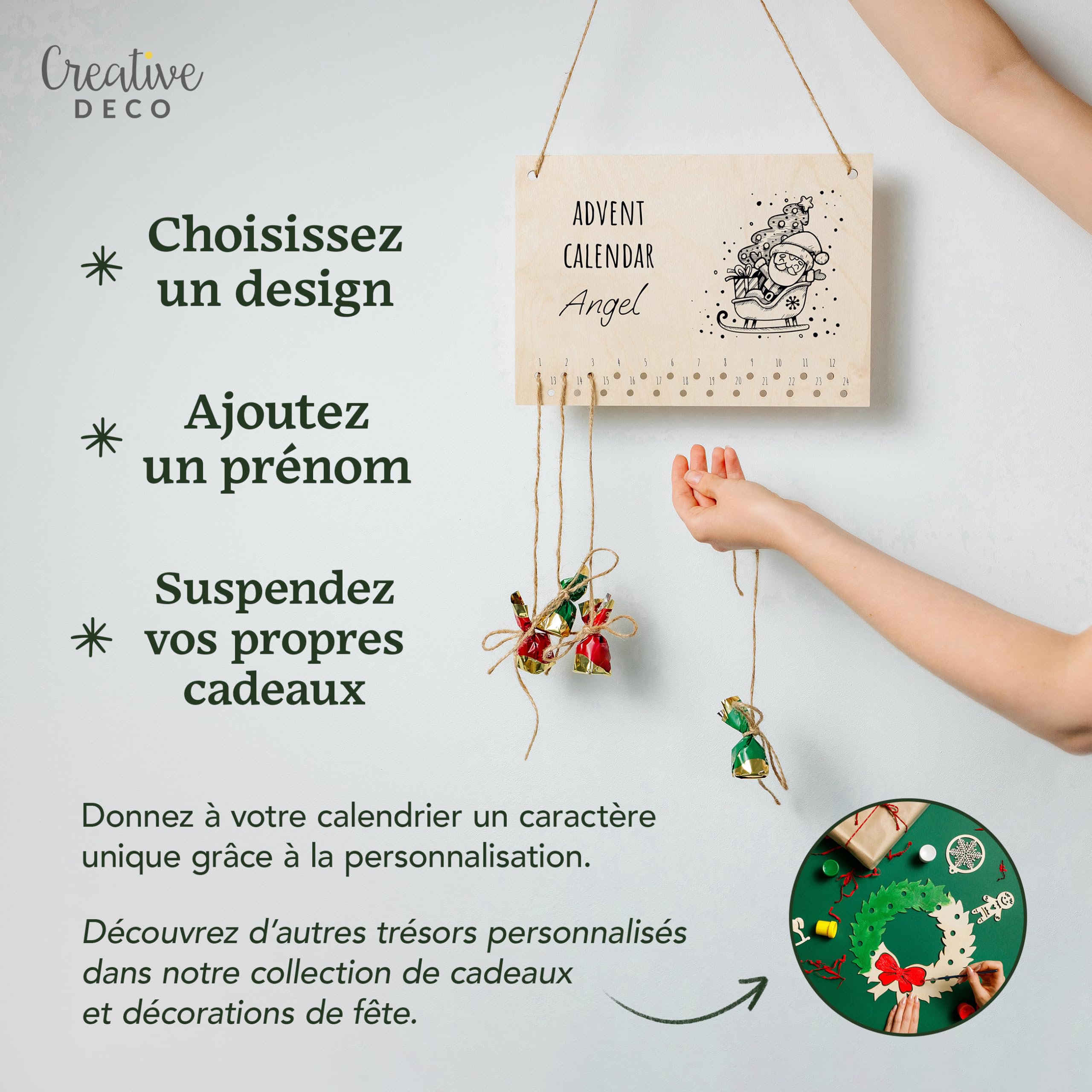 Creative Deco Sapin calendrier avent bois personnalisé A4