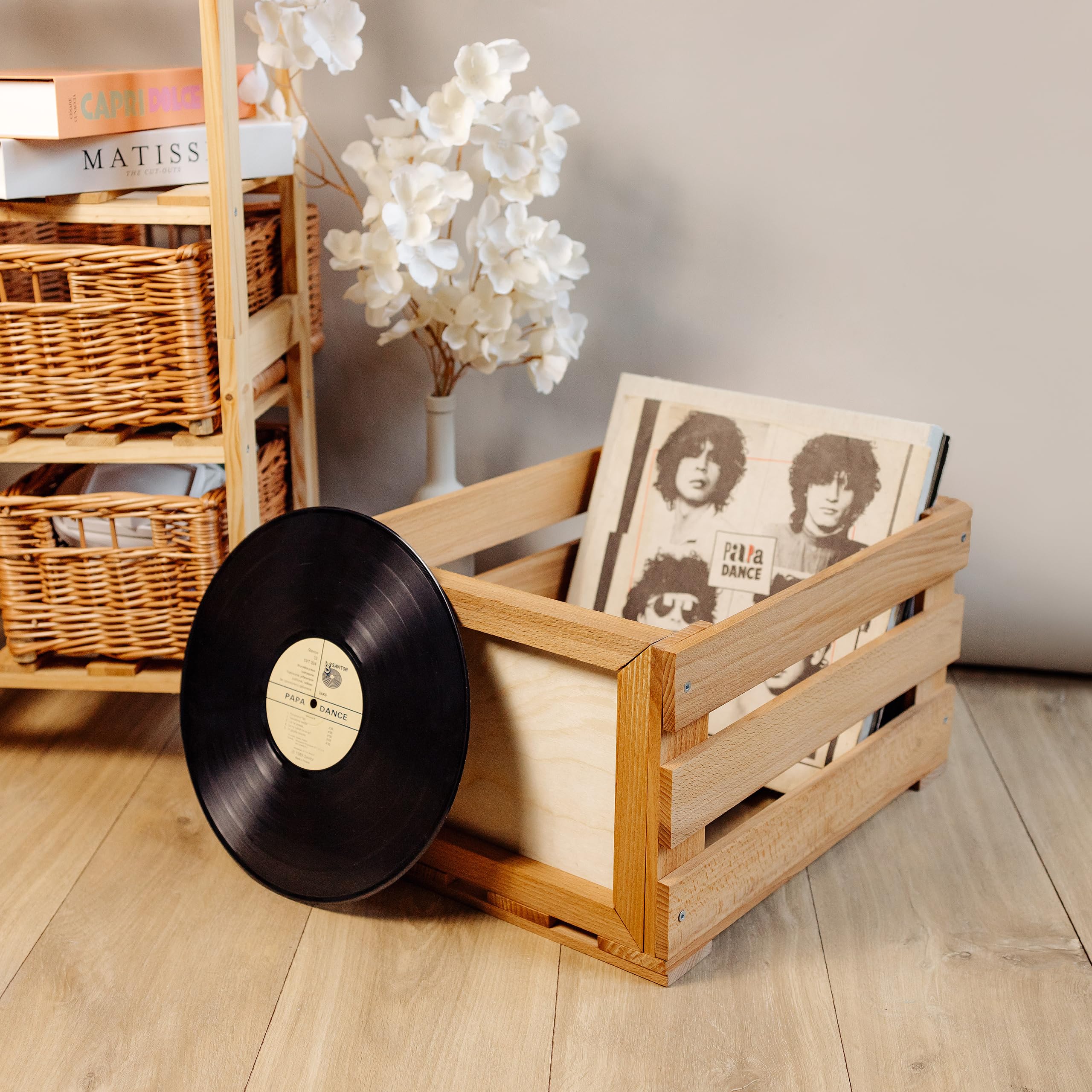 Creative Deco Caisse Bois Vinyles Hêtre 46x36x25cm