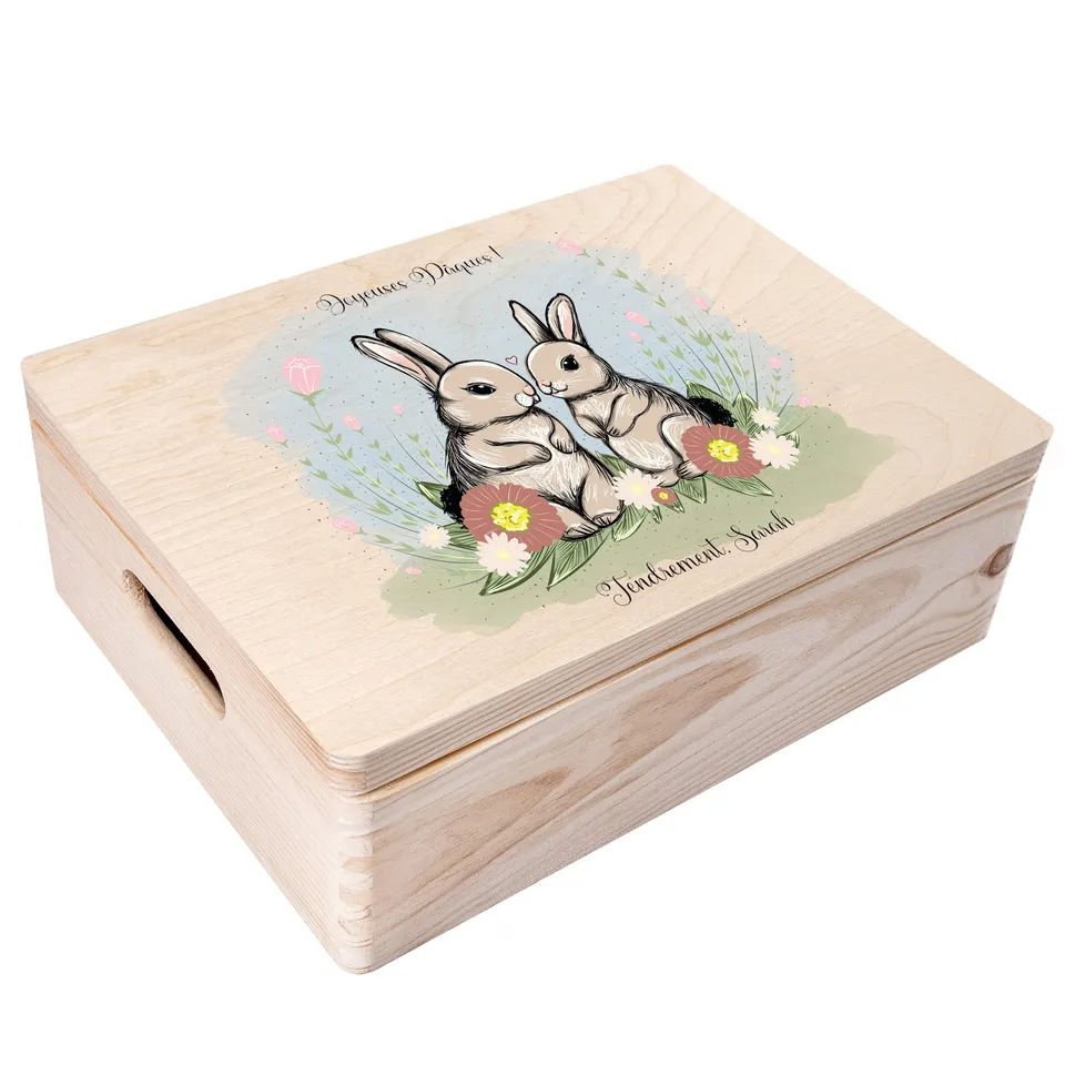 Creative Deco Boîte Bois Pâques Deux Lapins 40x30x14