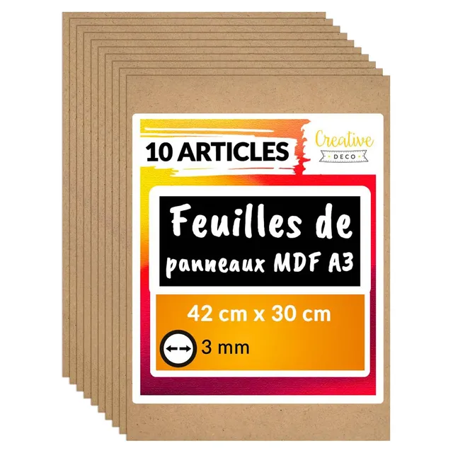 Creative Deco Panneau MDF A3 3 mm lot de 10 brut