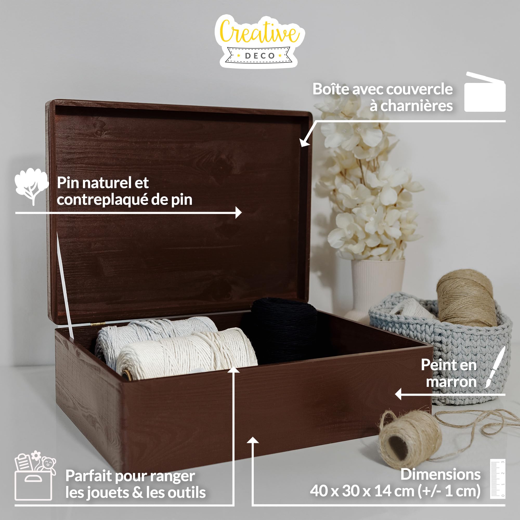 Creative Deco Boîte 40x30x14 cm Boîte Bois Brut Couvercle