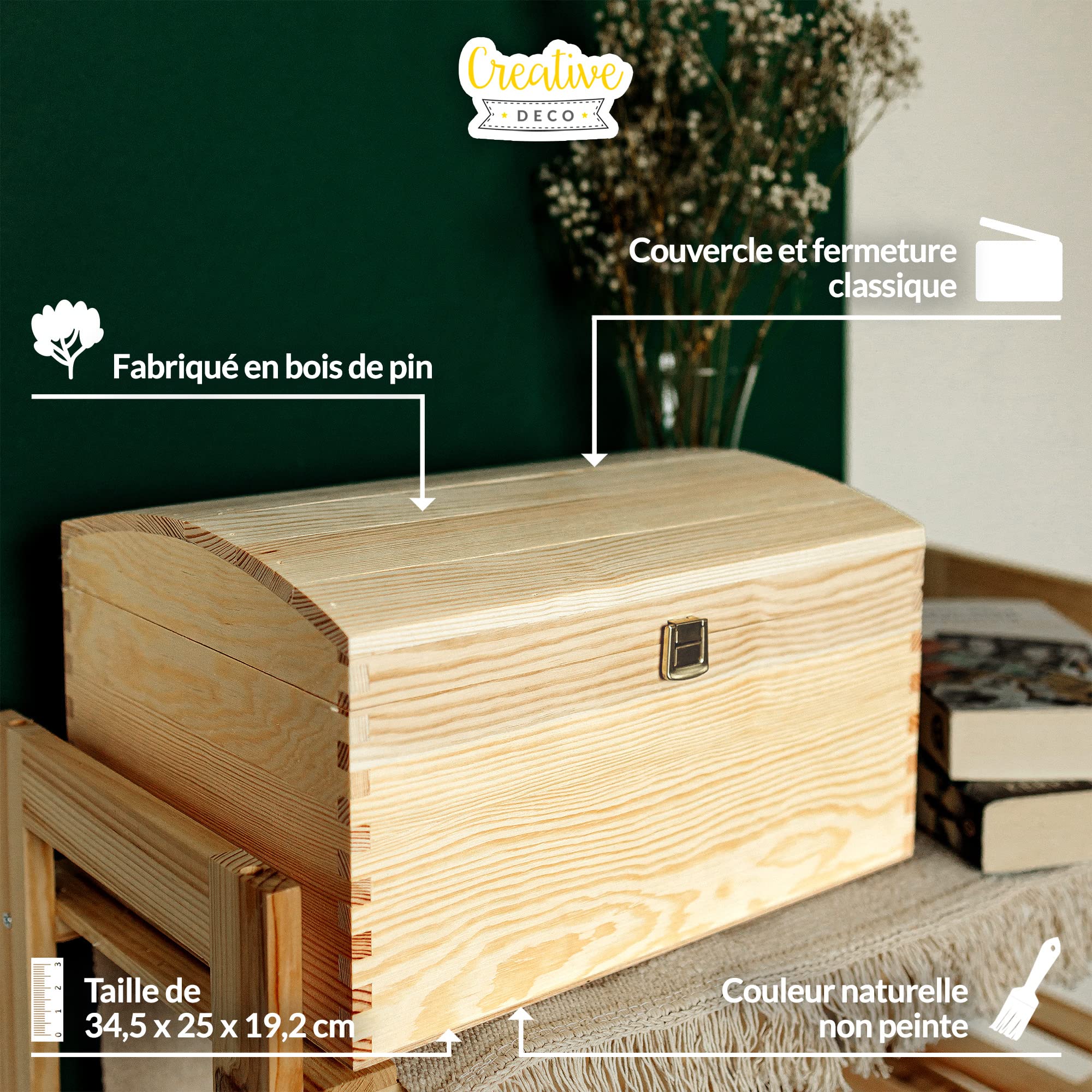Creative Deco Wood coffre bois brut 34,5x25x19,2 cm