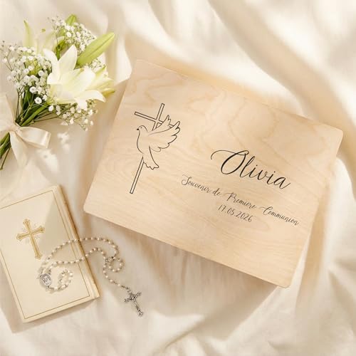 Creative Deco Croix Colombe boîte bois communion 40x30 cm
