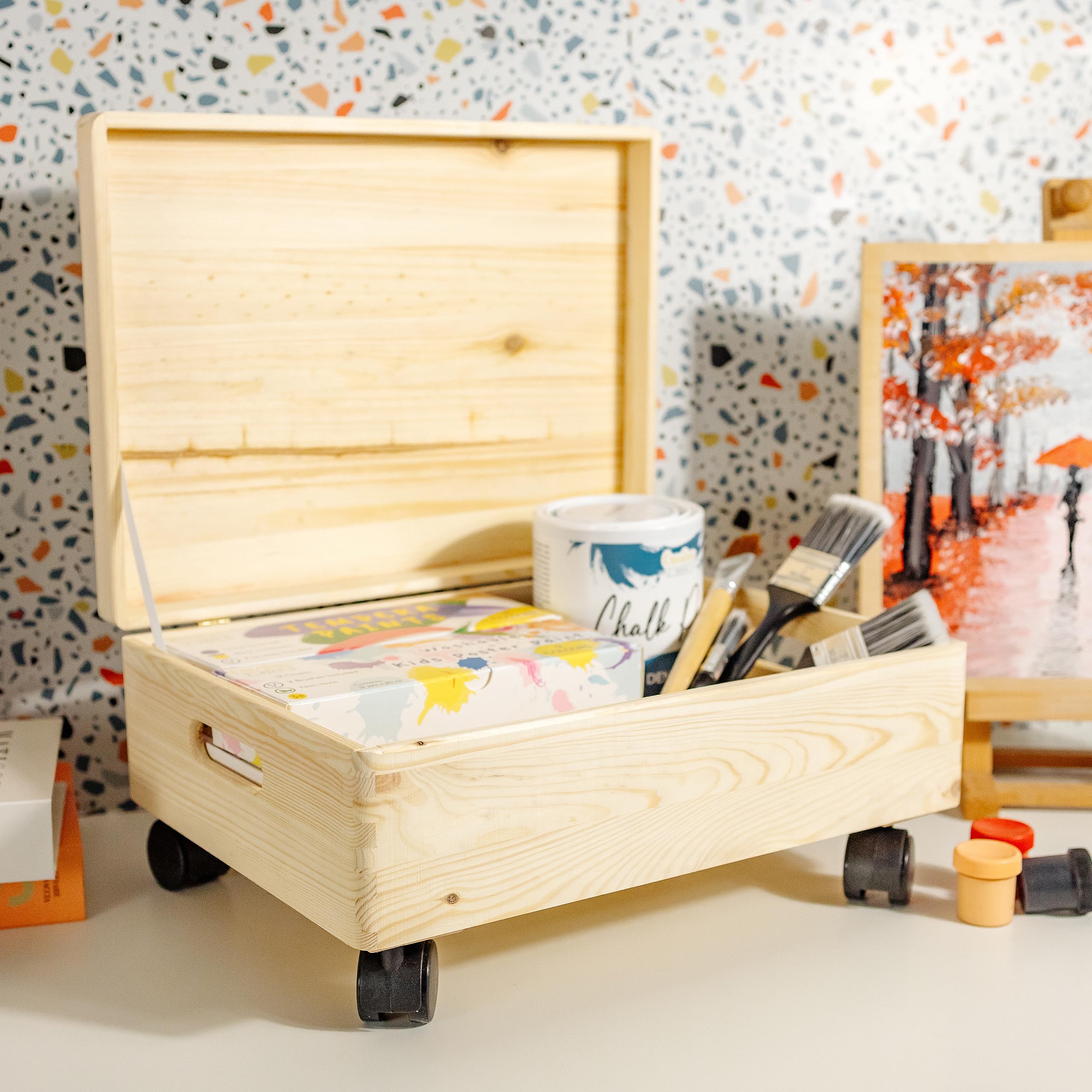 Creative Deco Boîte bois XL 40x30x14 cm roulettes à décorer