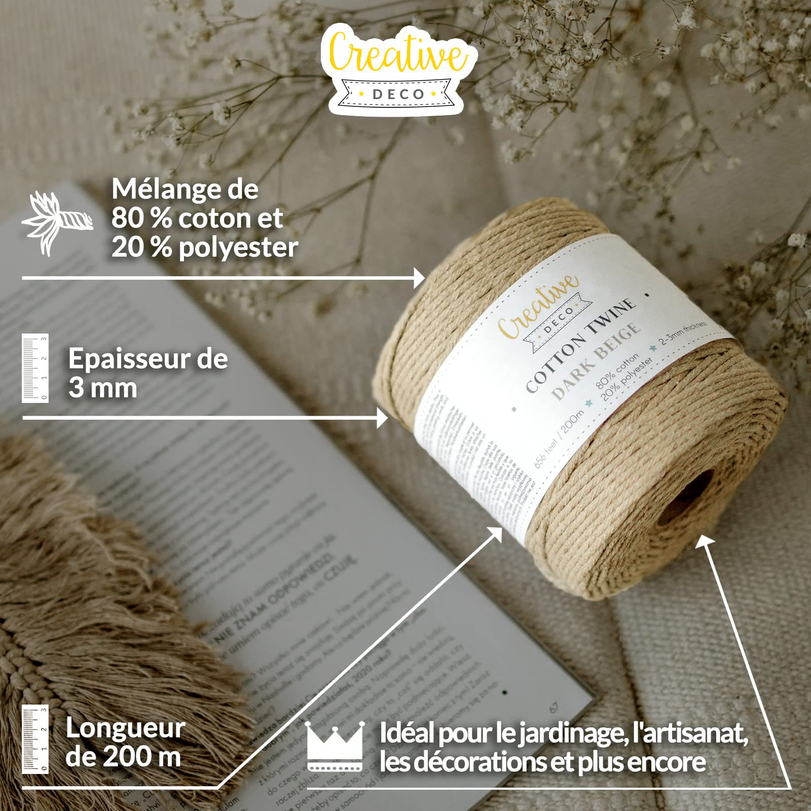 Creative Deco Strings corde macramé 3mm 200m beige foncé coton