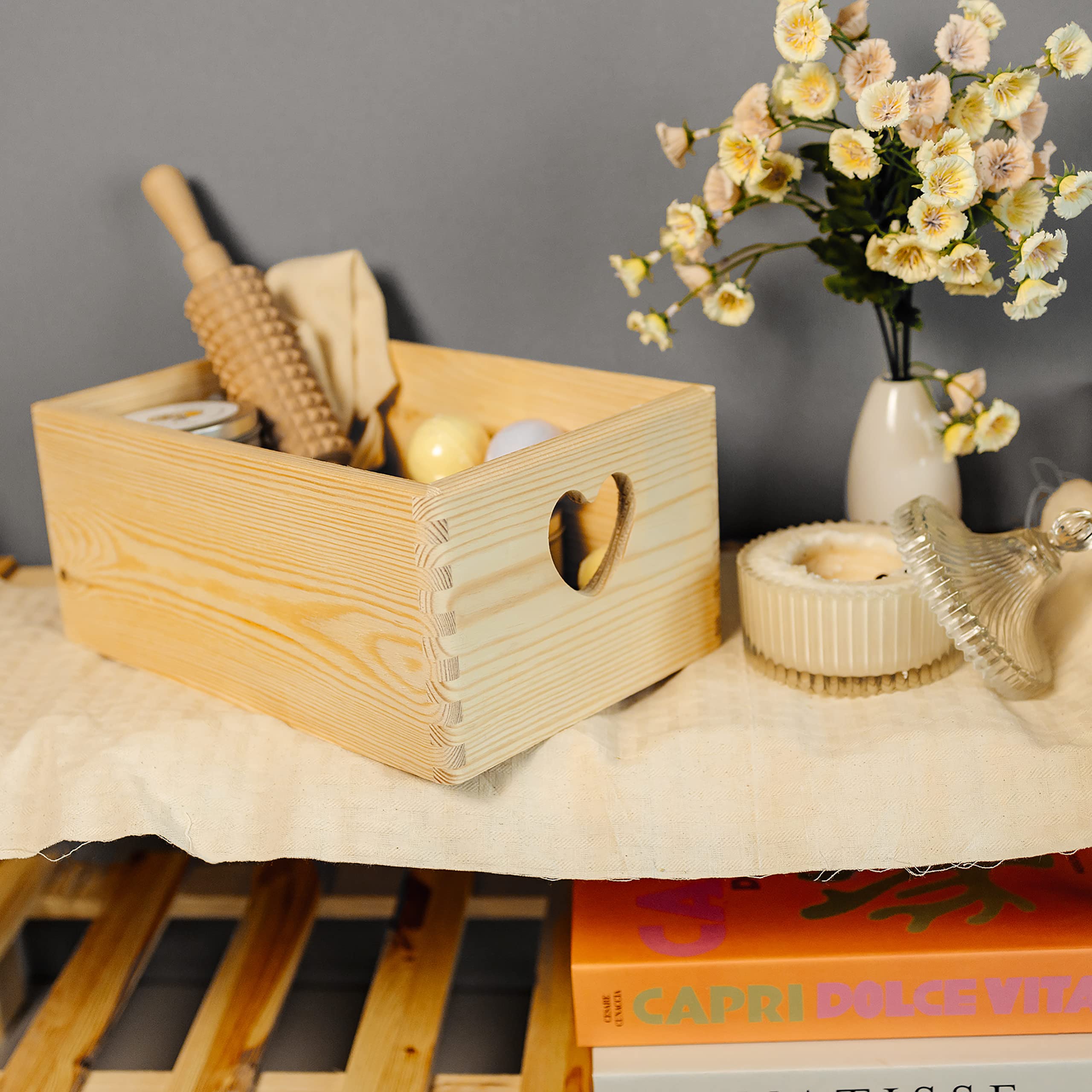 Creative Deco Wood Caisse bois 30x20x14 cm poignées cœur