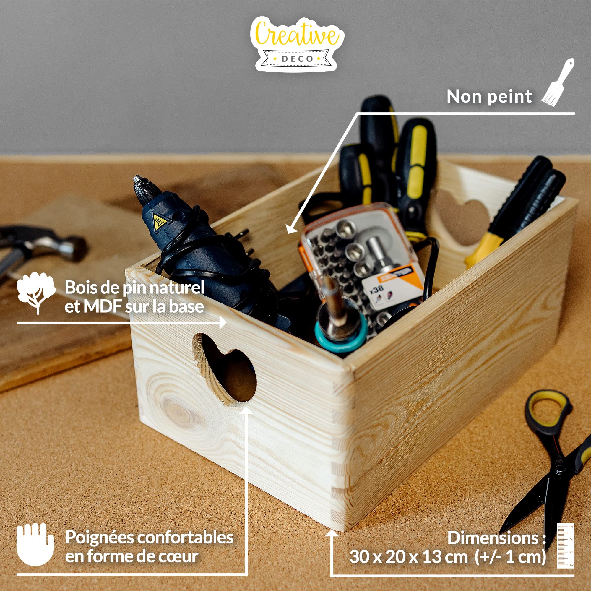 Creative Deco Wood Caisse bois 30x20x14 cm poignées cœur