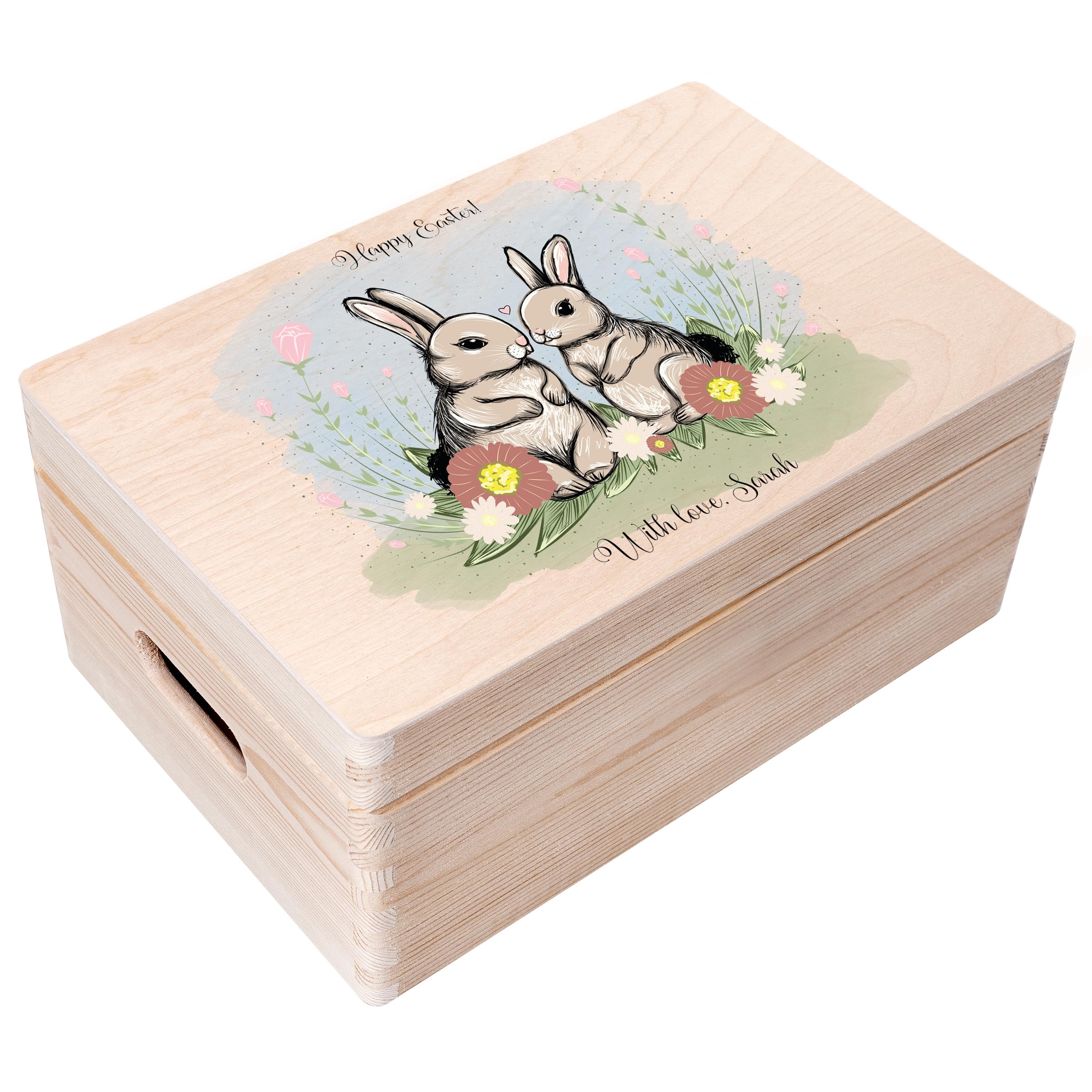 Creative Deco Boîte Bois Pâques Deux Lapins 40x30x14