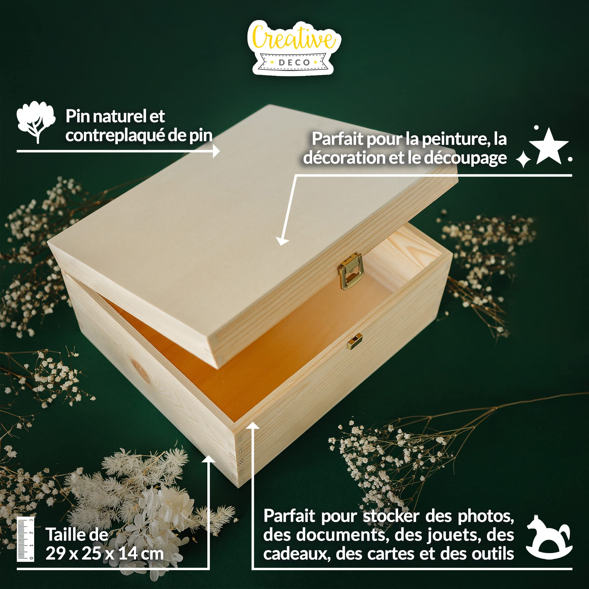 Creative Deco Boîte Bois Brut Couvercle Serrure 29x25x14 cm