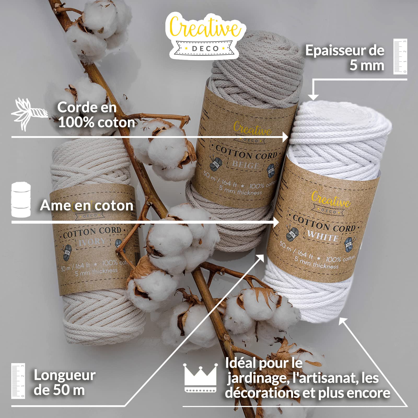 Creative Deco Corde Macramé Coton 5mm Blanc 50m