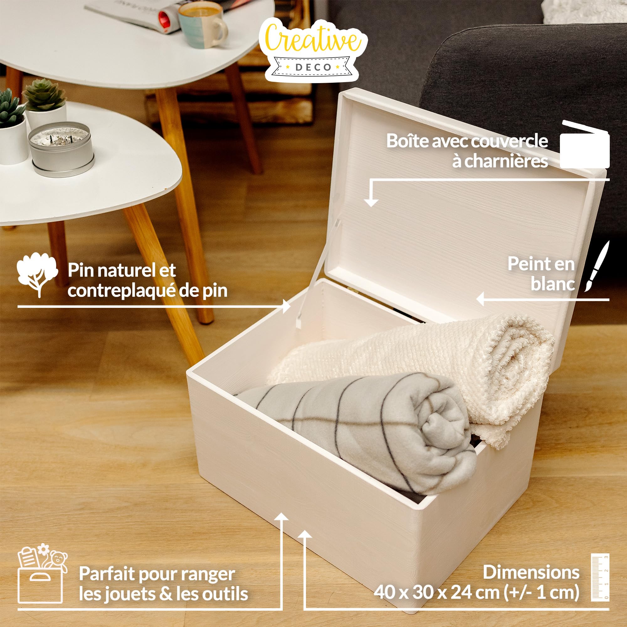Creative Deco Boîte Rangement Bois Blanc 40x30x24 couvercle