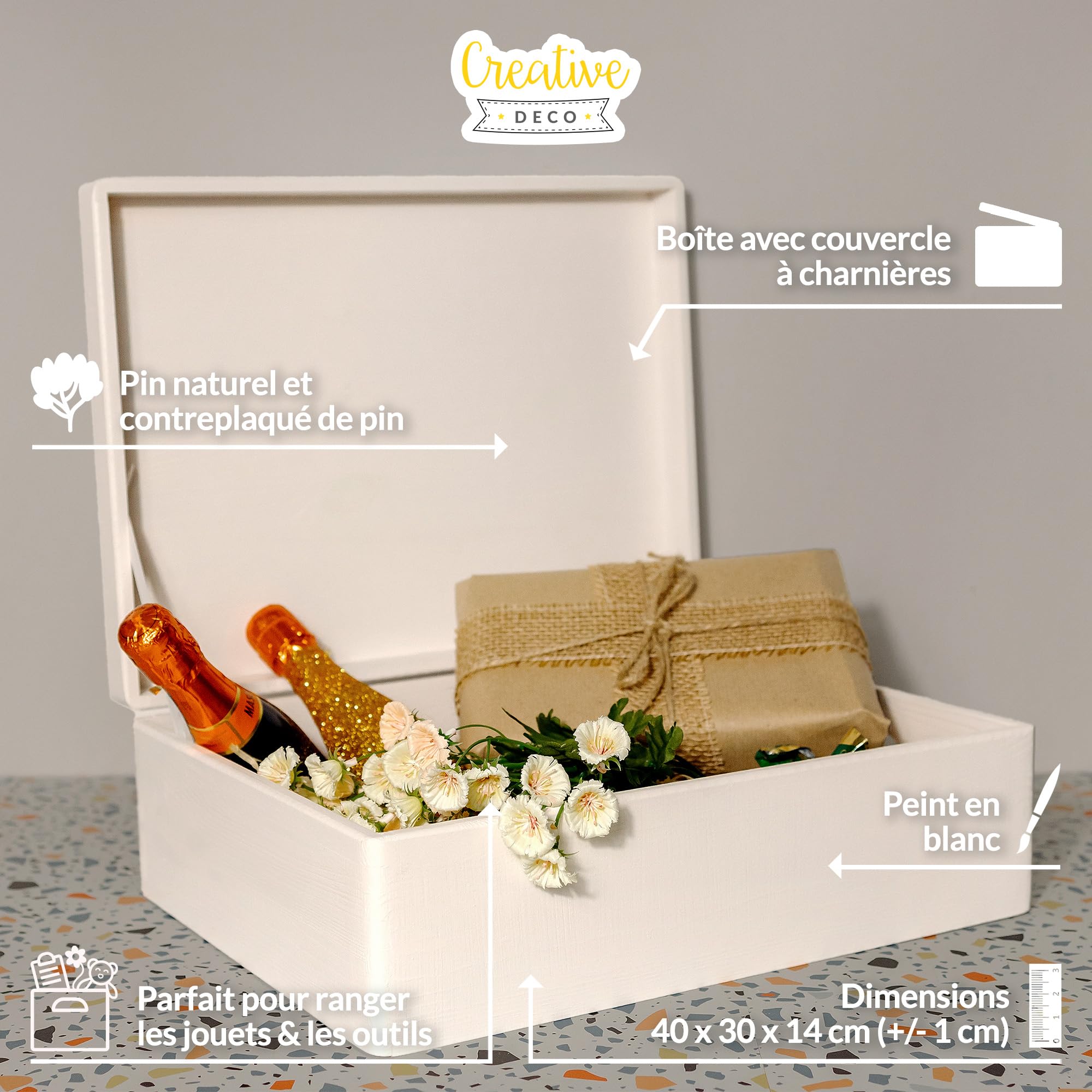 Creative Deco Wood products boîte bois blanc 40x30x14 cm à décorer