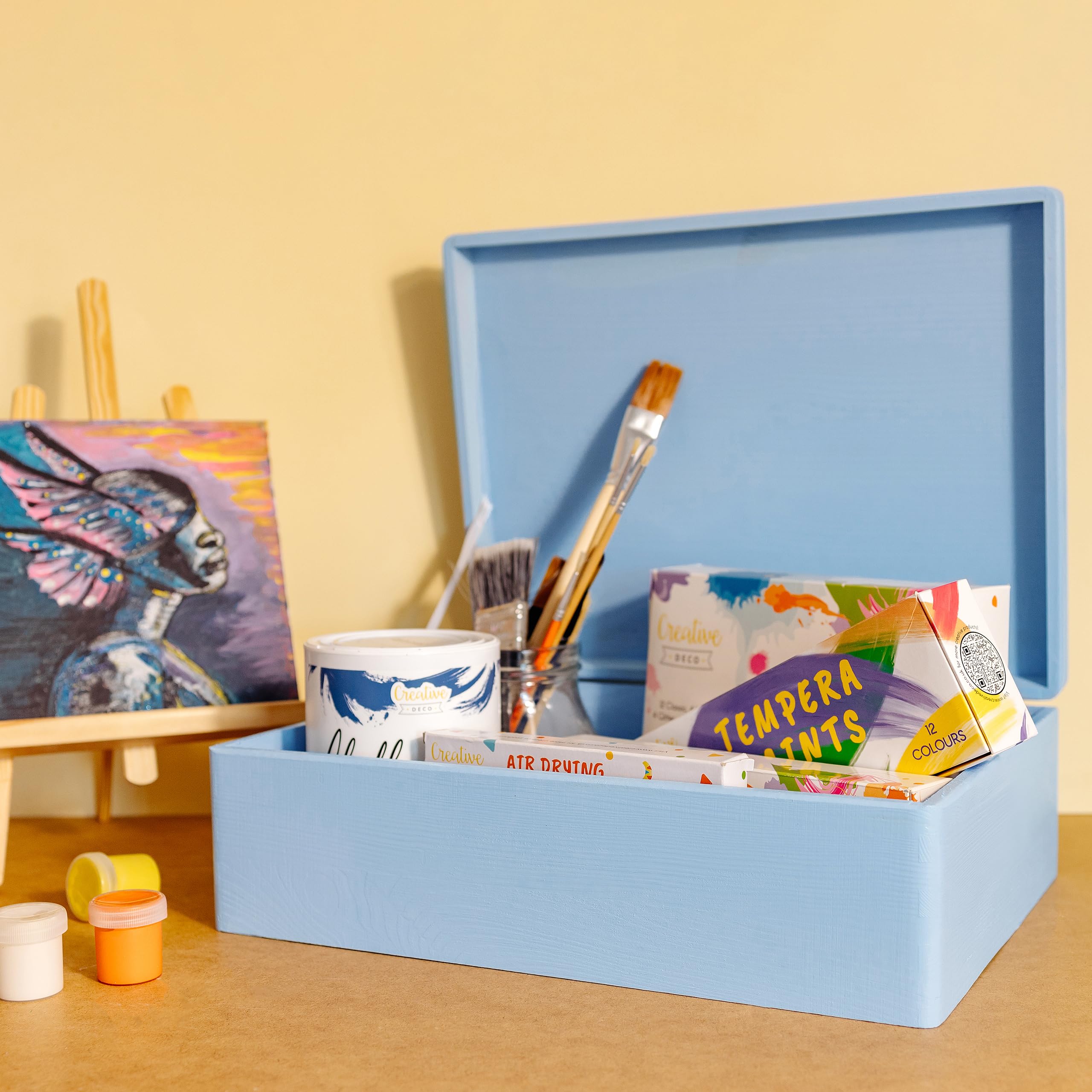 Creative Deco Wood boîte bois bleu 40x30x14 cm avec couvercle brut