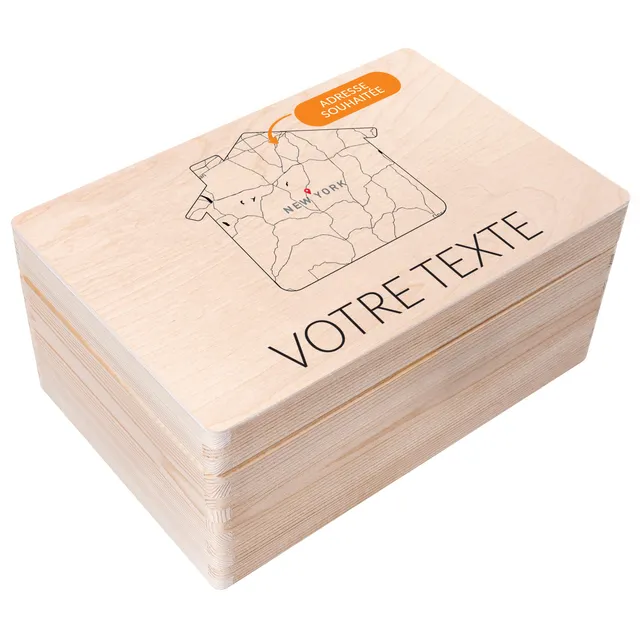 Creative Deco Boîte bois personnalisée Maison 30x20 cm carte coordonnées