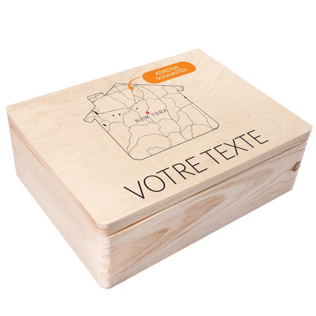 Creative Deco Coffre bois personnalisé Maison 40x30 cm carte coordonnées