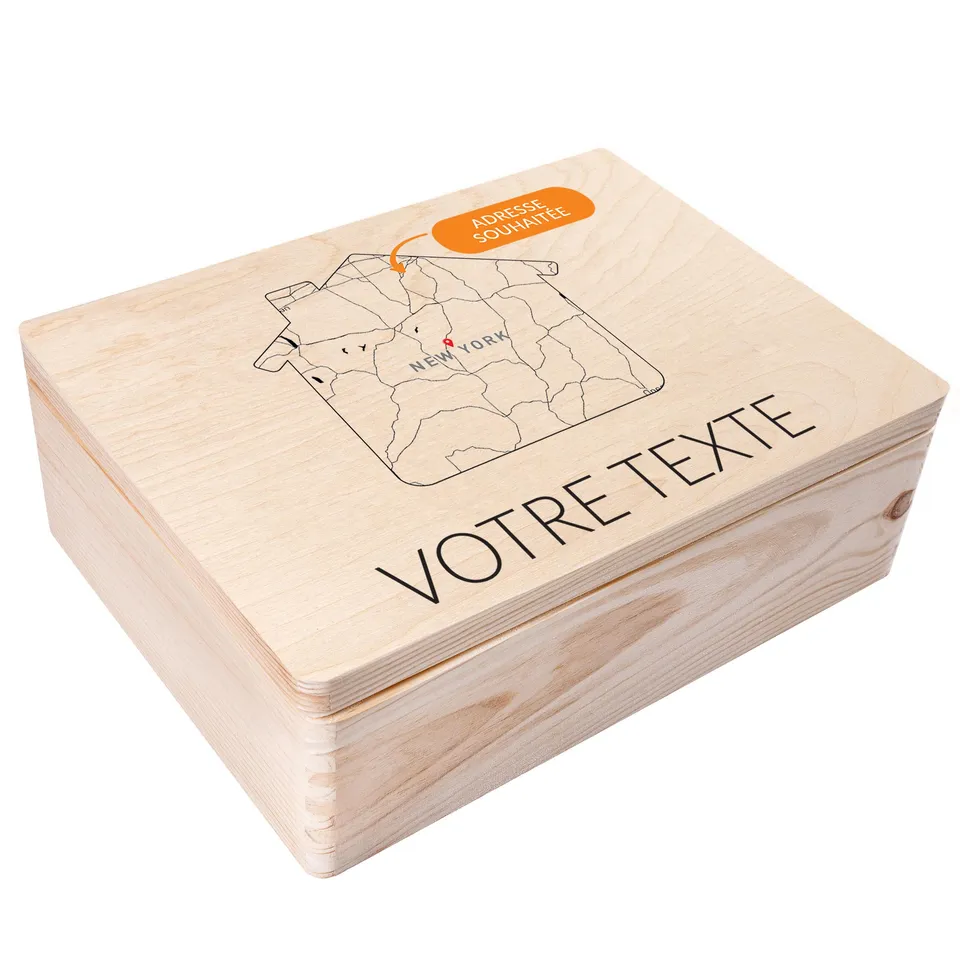 Creative Deco Coffre bois personnalisé Maison 40x30 cm carte coordonnées