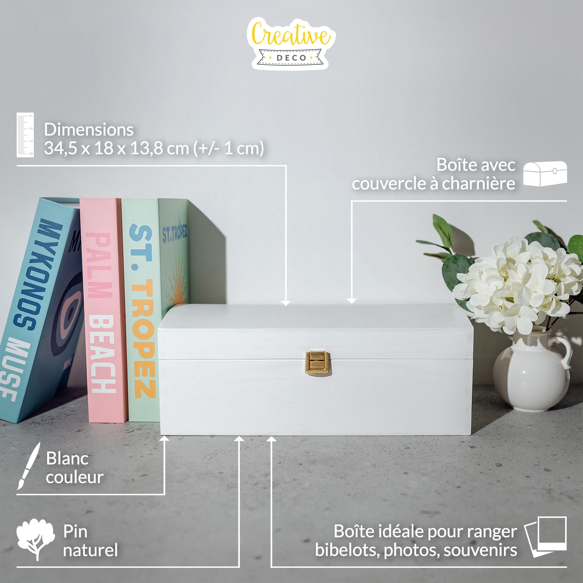 Creative Deco Coffre bois blanc 34,5 cm couvercle bombé à décorer
