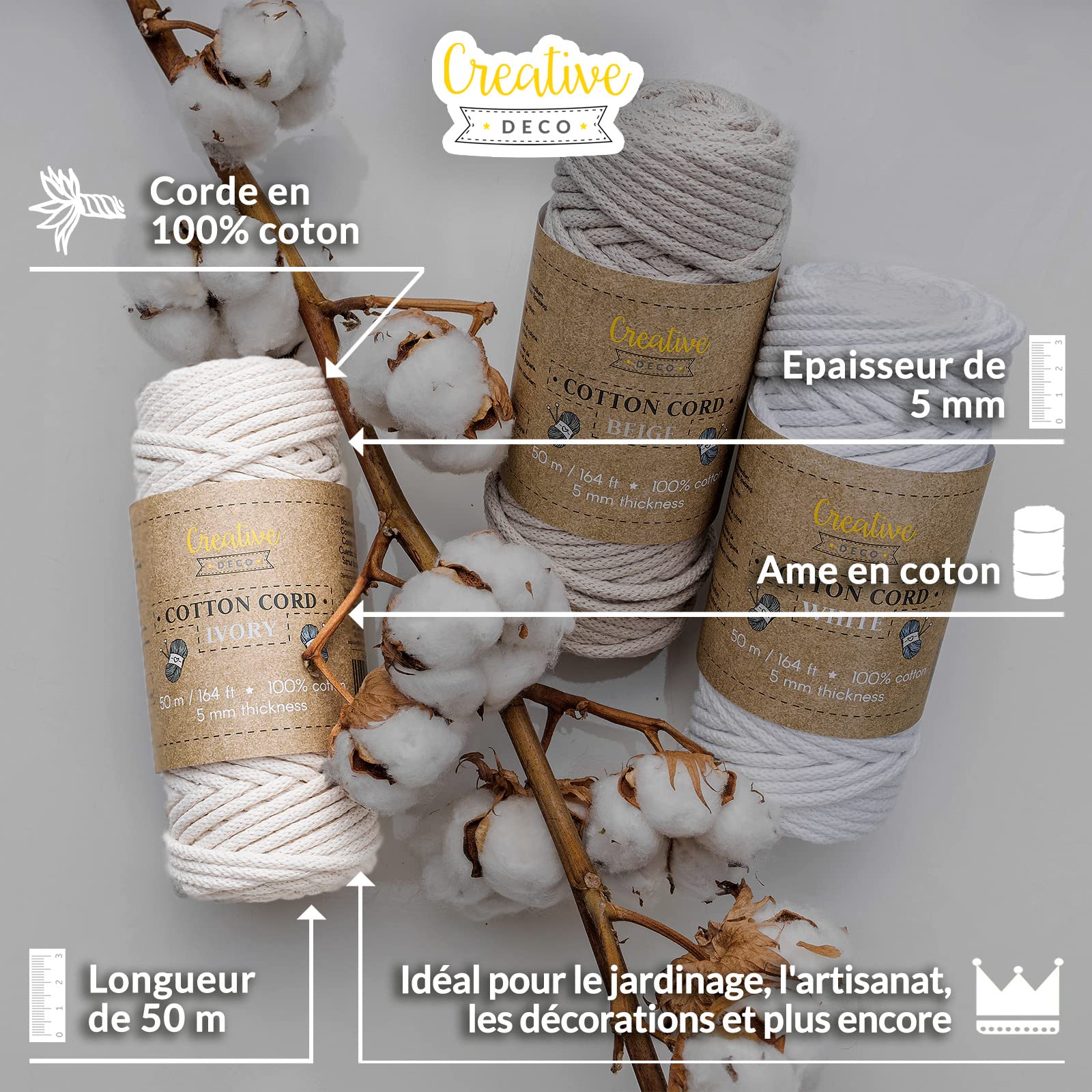 Creative Deco Strings corde macramé coton 5 mm 50 m ivoire