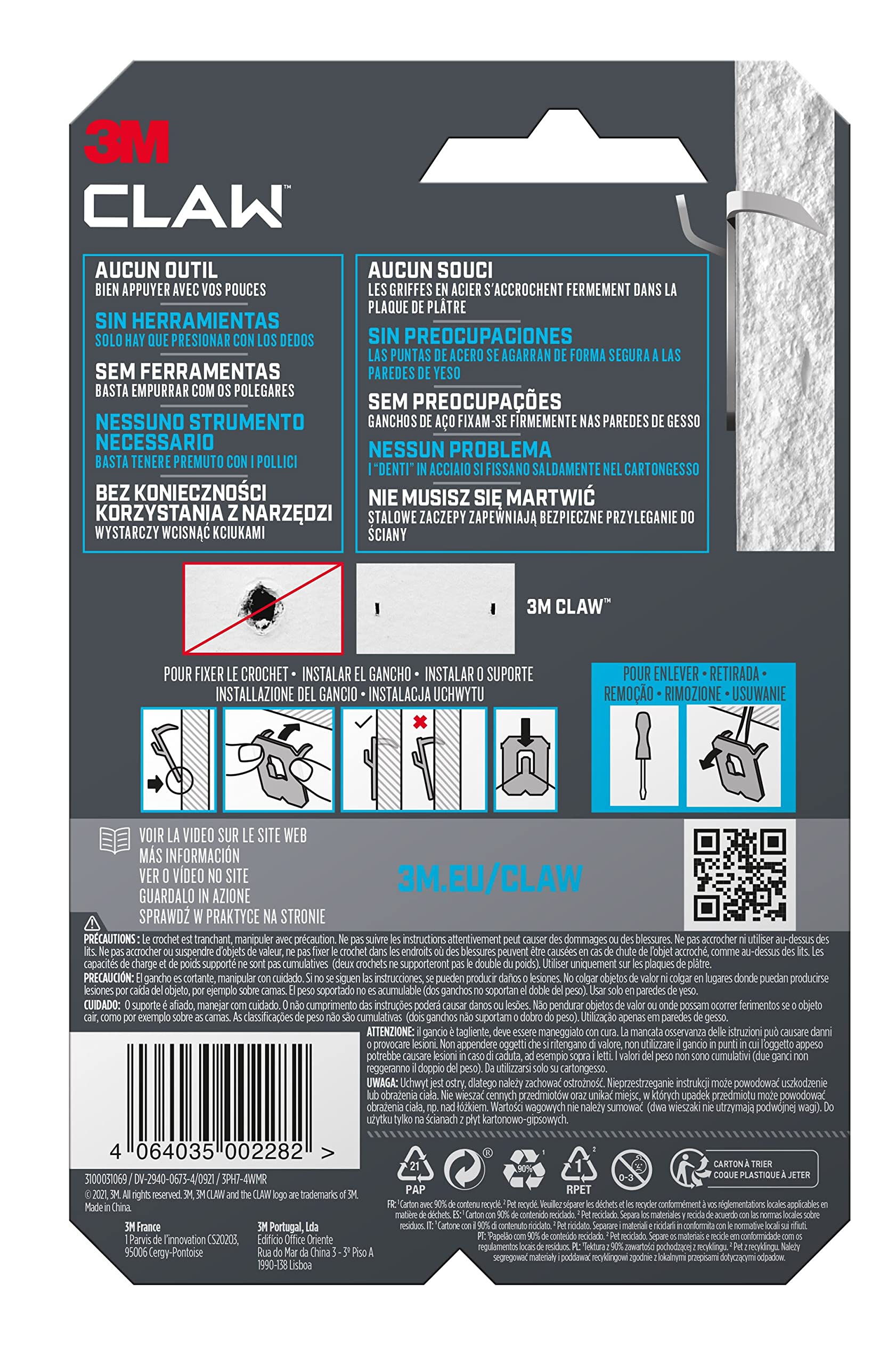 Command Crochets plaque plâtre 3M CLAW 4 crochets 7 kg
