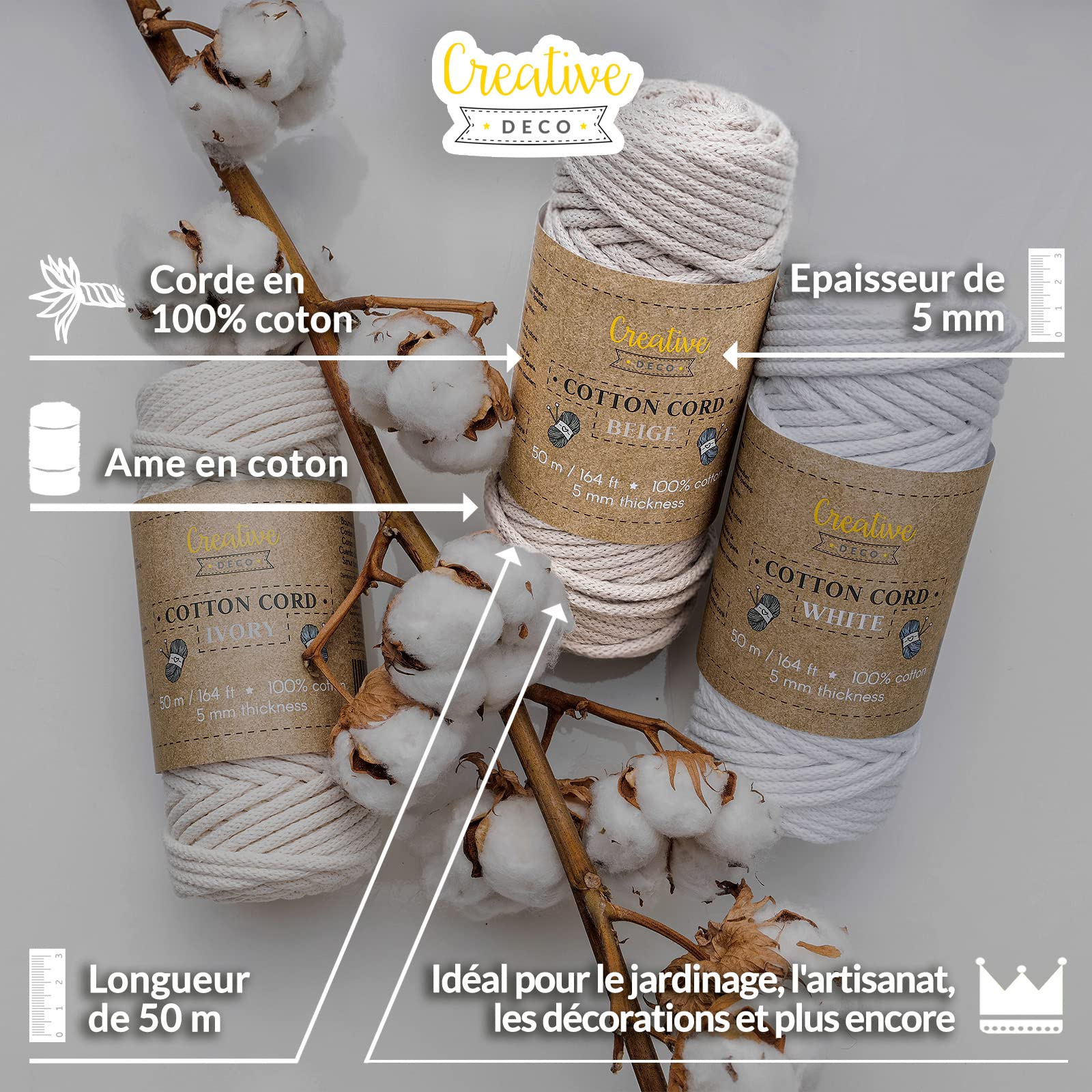 Creative Deco Strings corde macramé 5mm x 50m beige coton