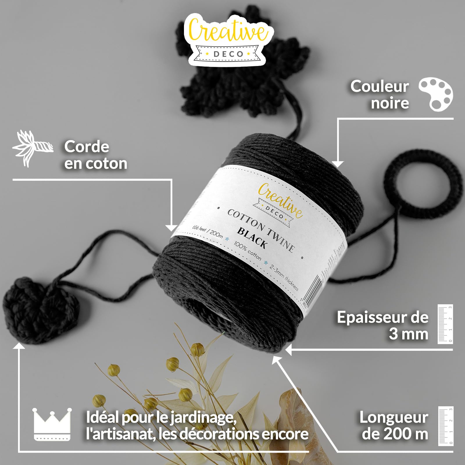 Creative Deco corde macramé coton noir 3 mm 200 m