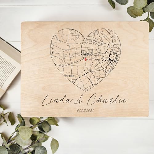 Creative Deco Boîte bois personnalisée Cœur 40x30 cm carte coordonnées