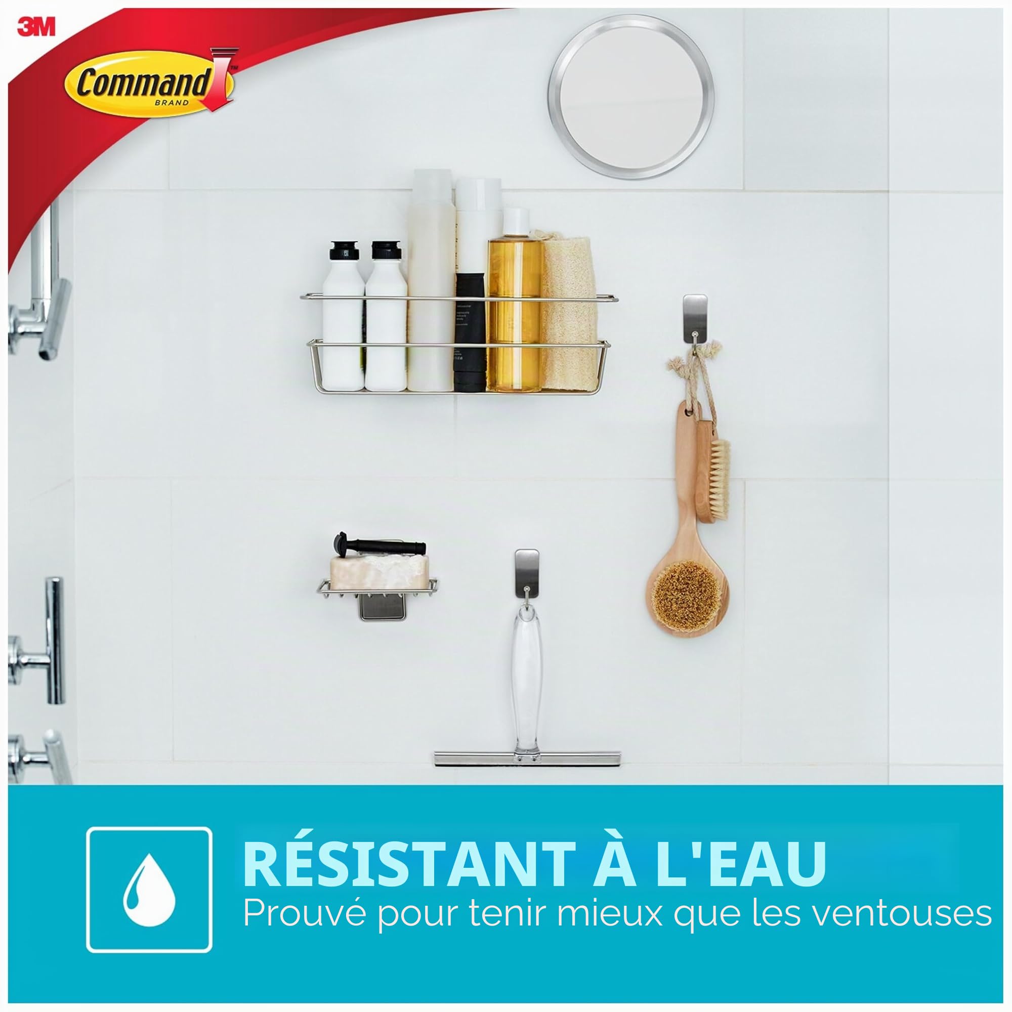 Command Crochets miroir salle de bain nickel fixation sans perçage