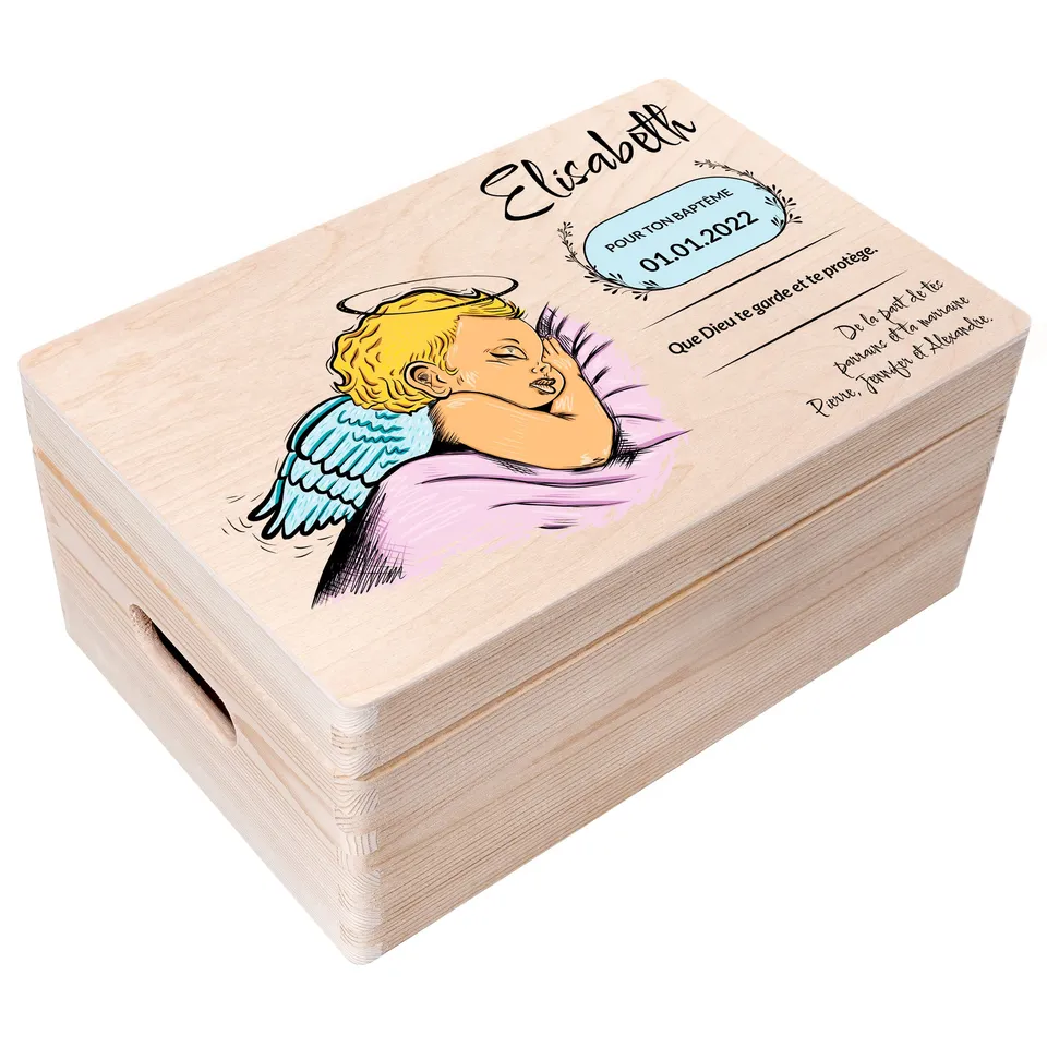 Creative Deco Boîte Bois Baptême Ange Personnalisée 30x20 cm