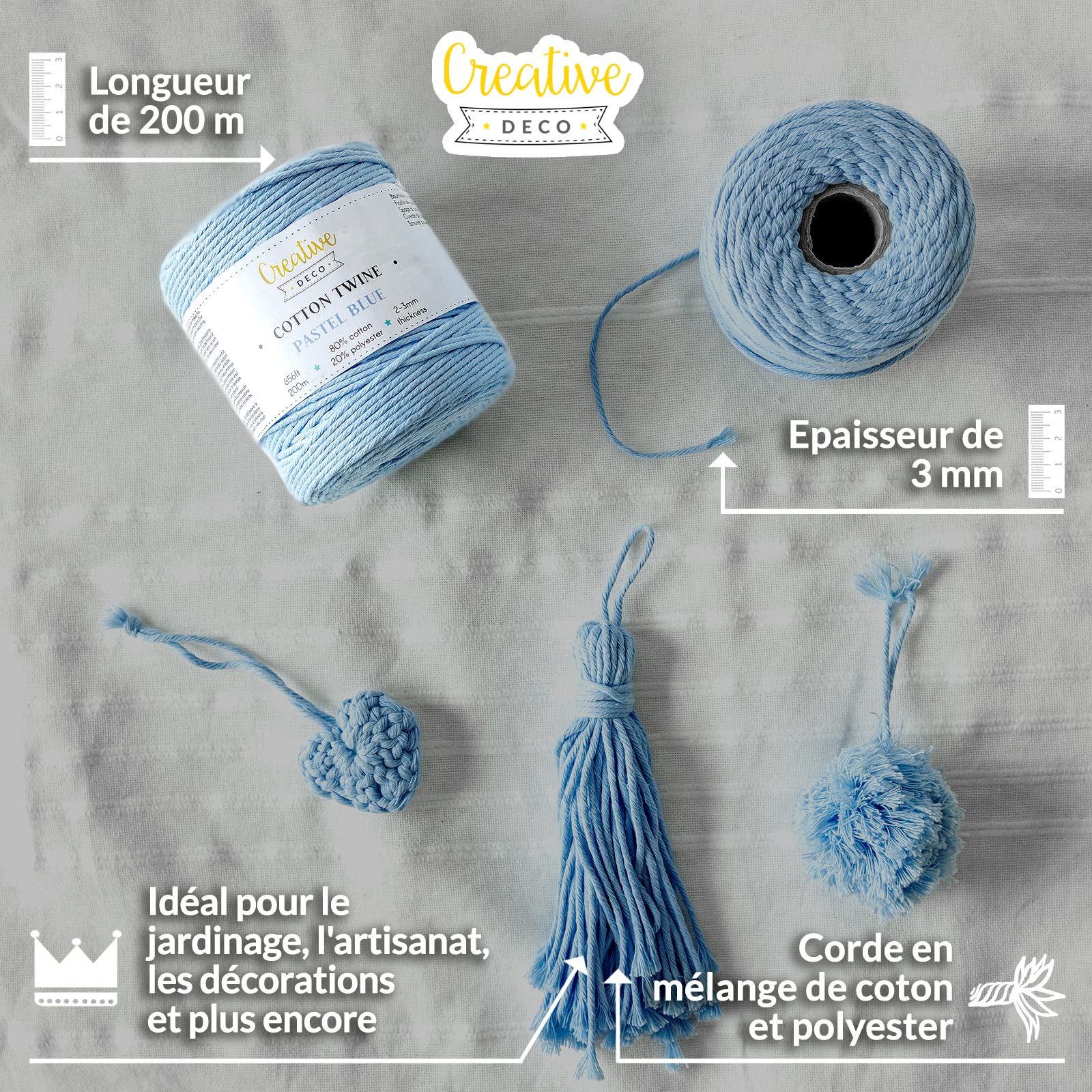 Creative Deco Strings corde macramé 3mm x 200m bleu pastel
