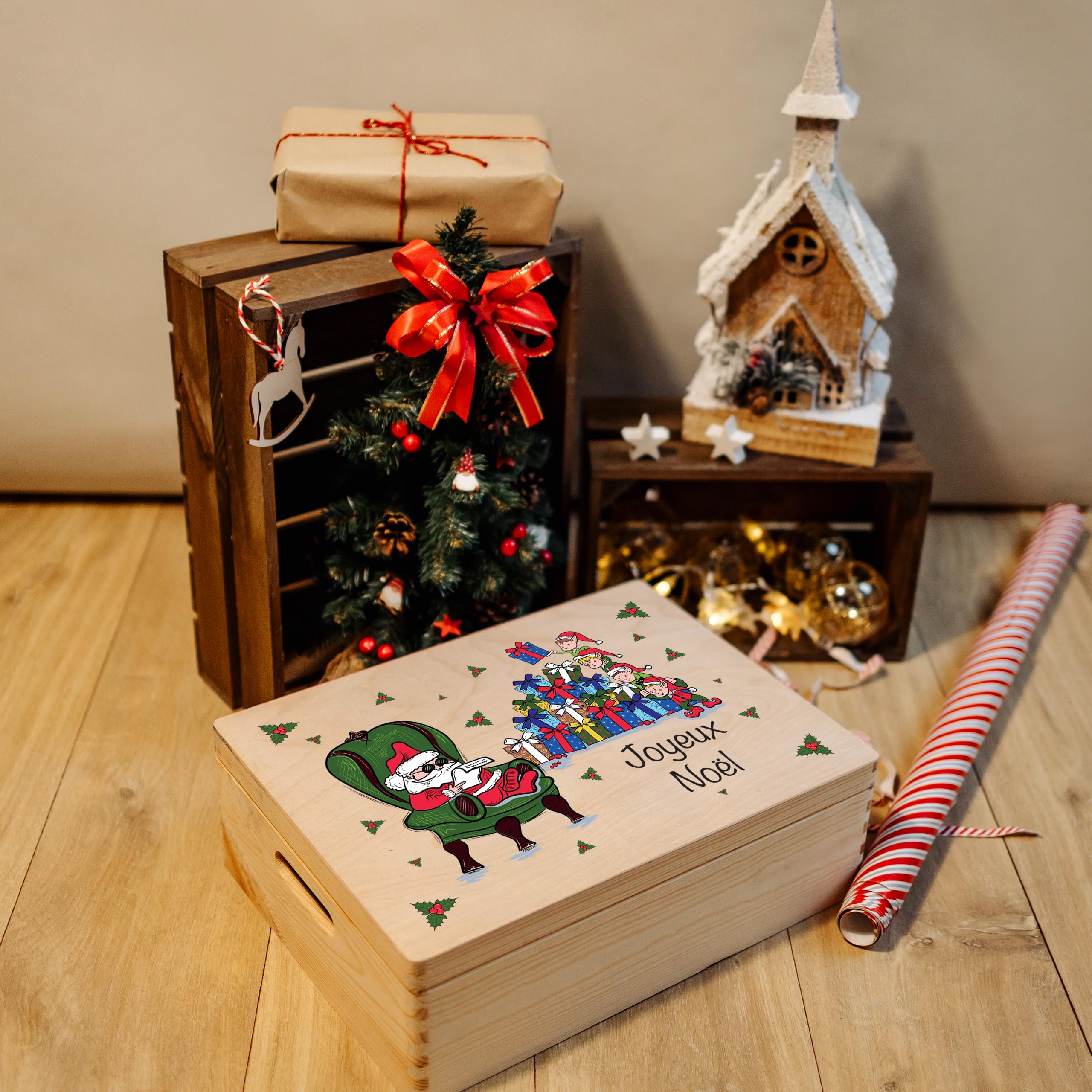 Creative Deco Boîte Bois Noël Père Noël 40x30 cm Gravée